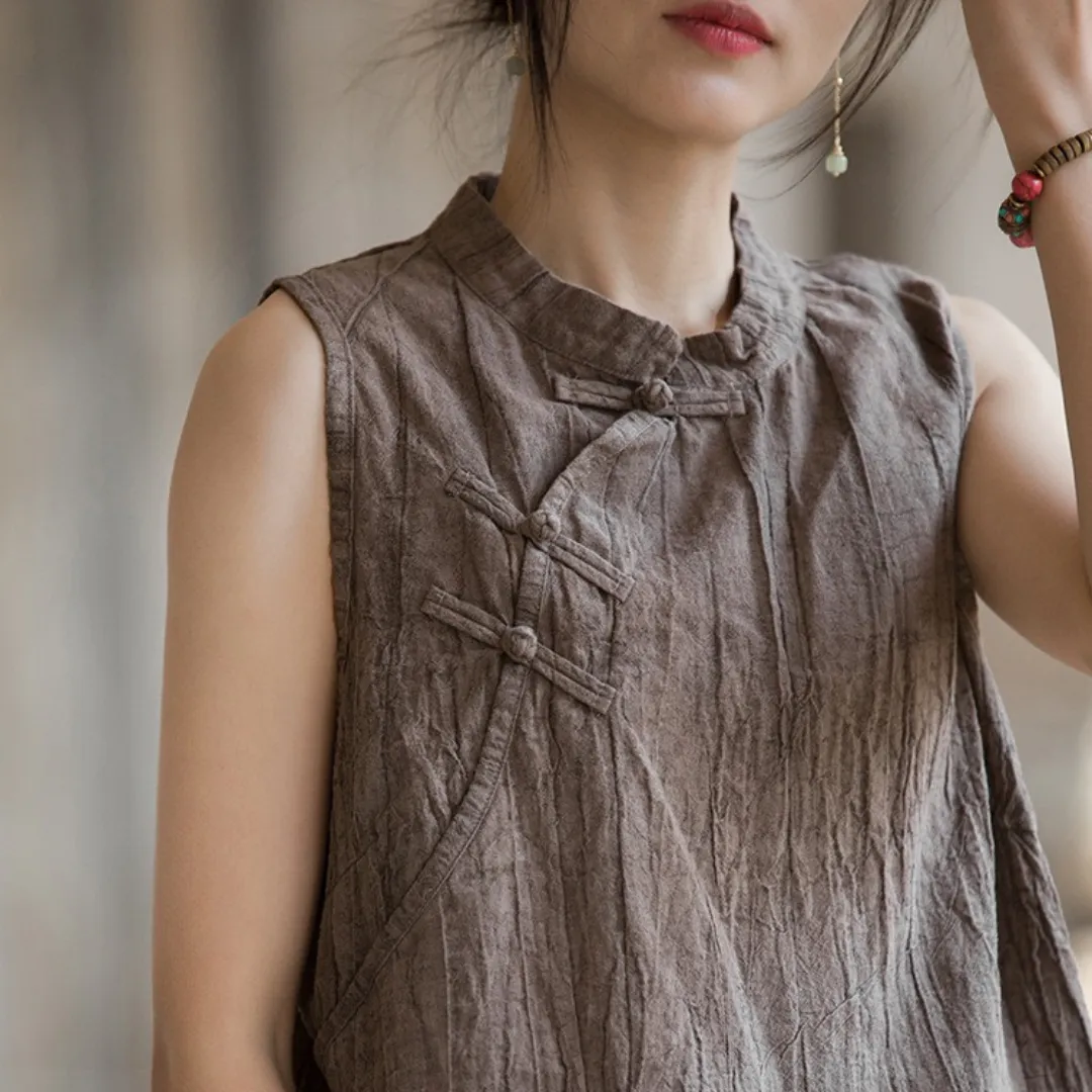 苎麻棉薄款手工扎染做旧立领马甲背心 Ramie Cotton Thin Hand-Dyed Vintage-Style Stand Collar Vest