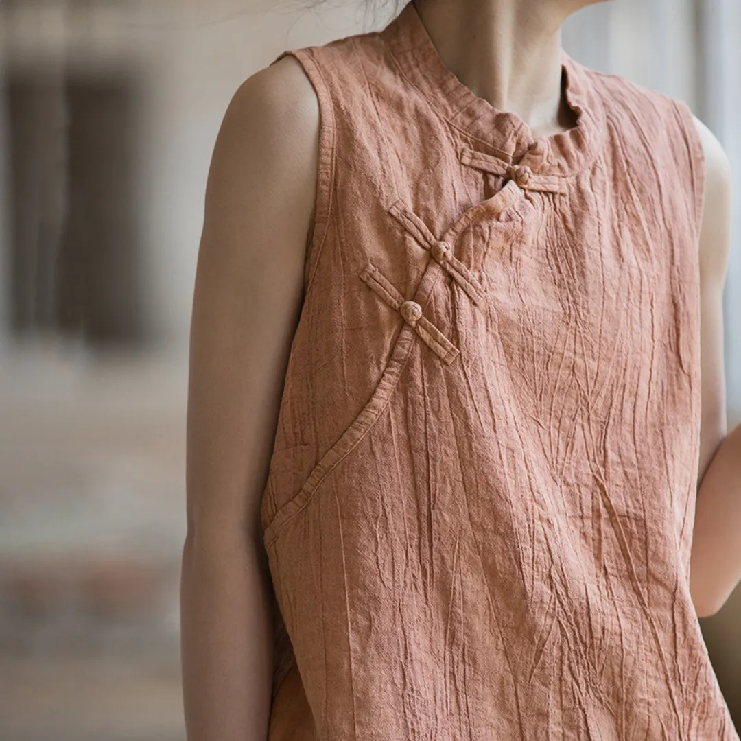 苎麻棉薄款手工扎染做旧立领马甲背心 Ramie Cotton Thin Hand-Dyed Vintage-Style Stand Collar Vest