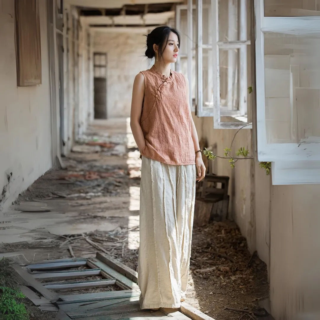 苎麻棉薄款手工扎染做旧立领马甲背心 Ramie Cotton Thin Hand-Dyed Vintage-Style Stand Collar Vest