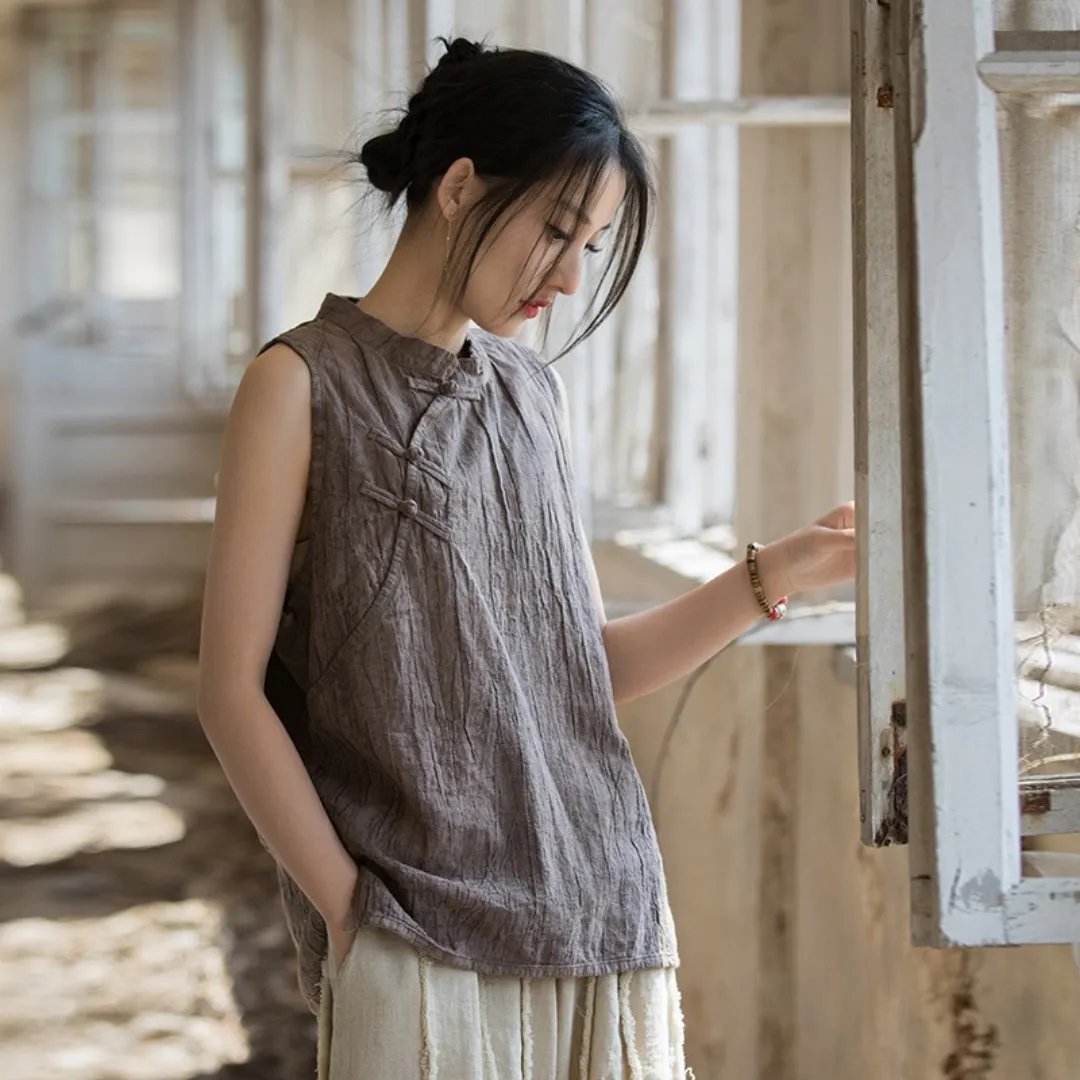 苎麻棉薄款手工扎染做旧立领马甲背心 Ramie Cotton Thin Hand-Dyed Vintage-Style Stand Collar Vest