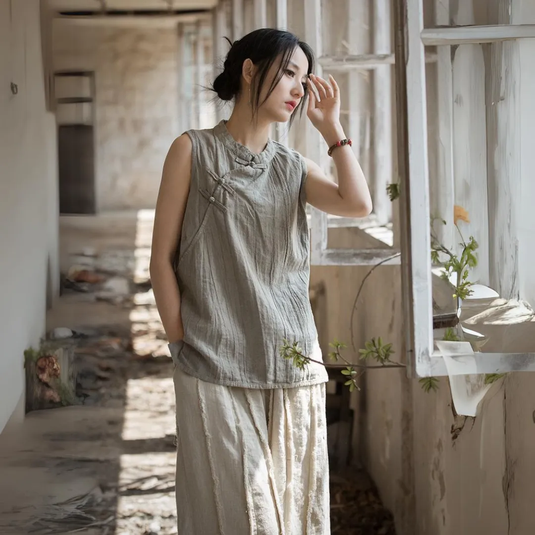 苎麻棉薄款手工扎染做旧立领马甲背心 Ramie Cotton Thin Hand-Dyed Vintage-Style Stand Collar Vest