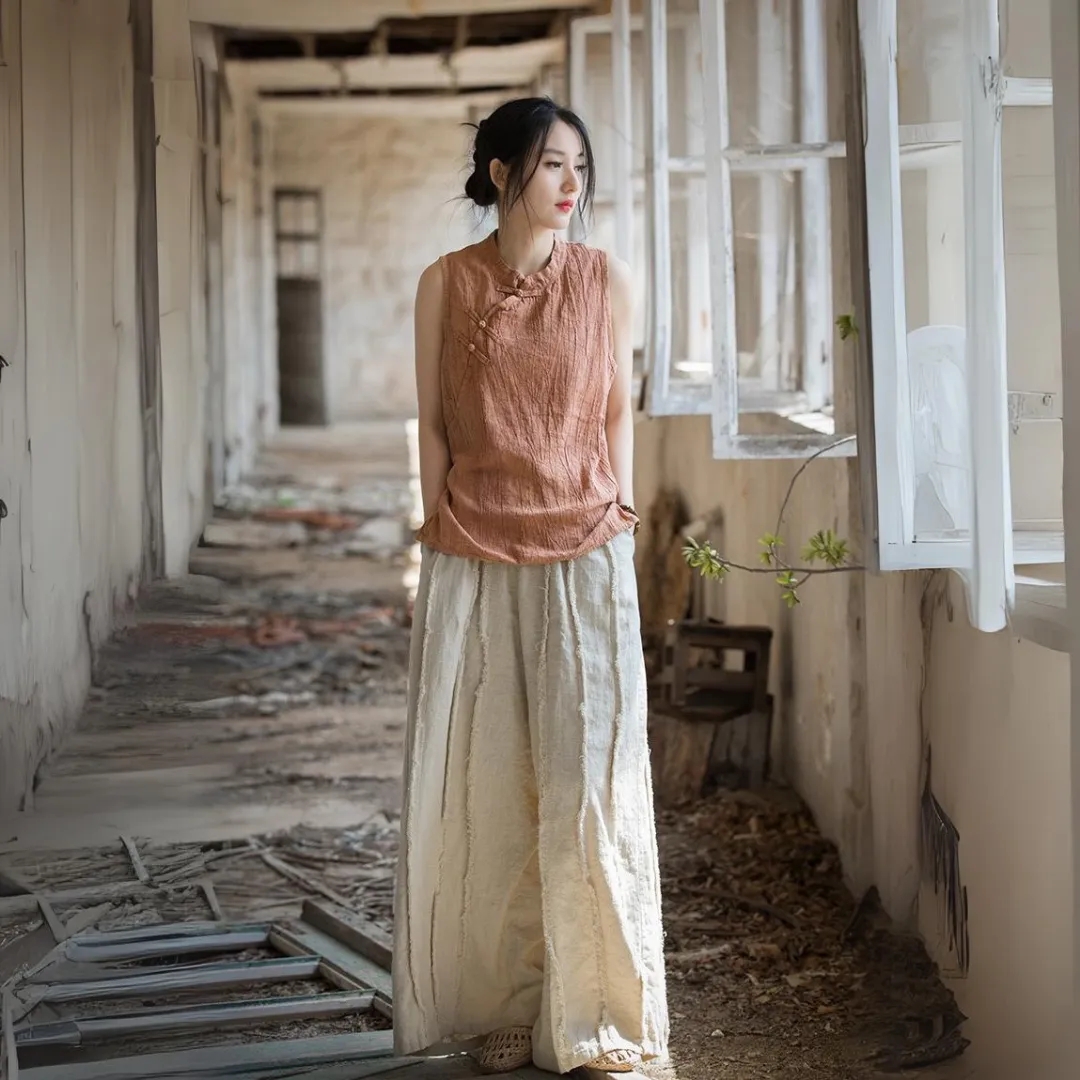 苎麻棉薄款手工扎染做旧立领马甲背心 Ramie Cotton Thin Hand-Dyed Vintage-Style Stand Collar Vest