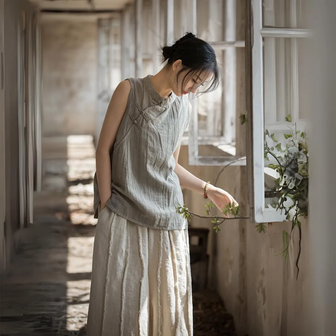 苎麻棉薄款手工扎染做旧立领马甲背心 Ramie Cotton Thin Hand-Dyed Vintage-Style Stand Collar Vest