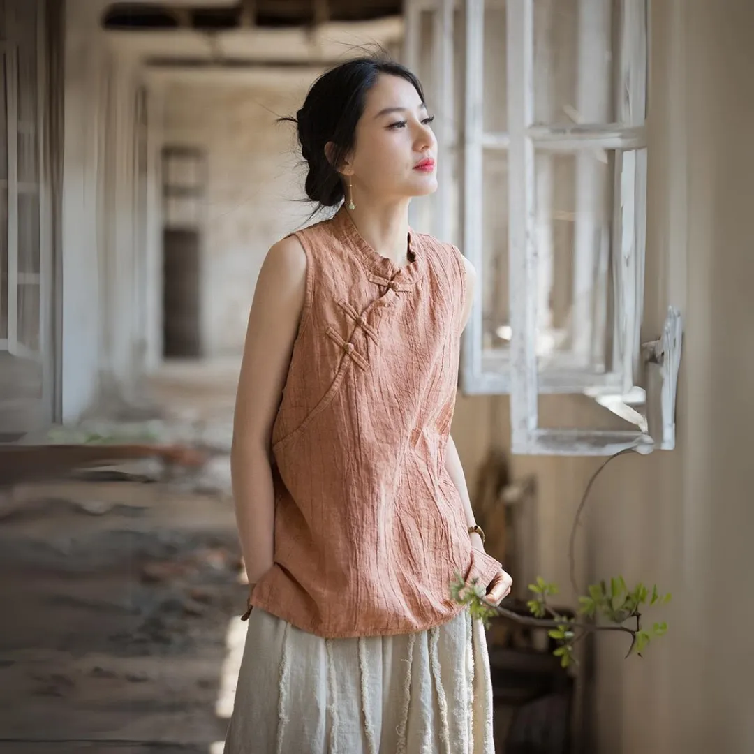 苎麻棉薄款手工扎染做旧立领马甲背心 Ramie Cotton Thin Hand-Dyed Vintage-Style Stand Collar Vest