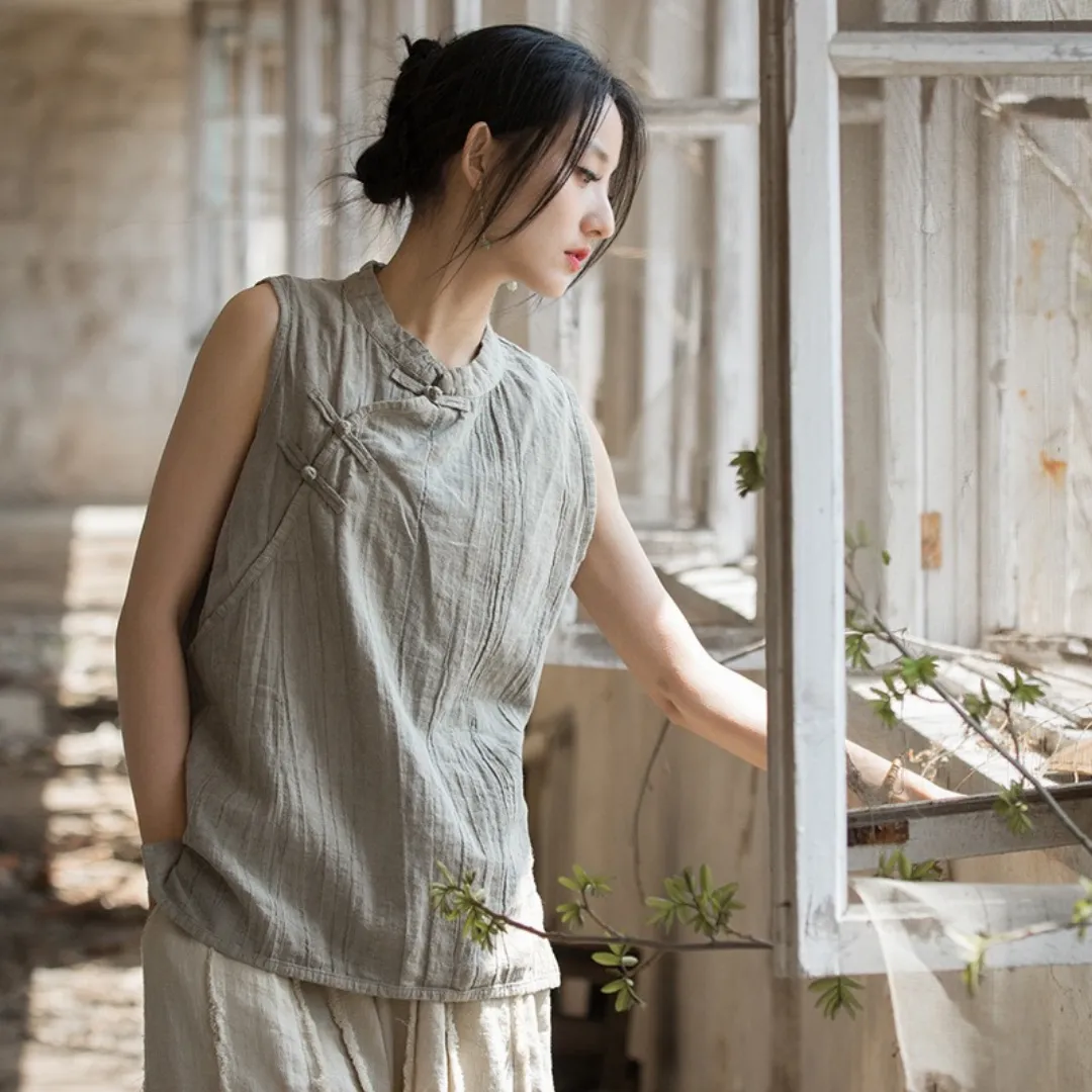 苎麻棉薄款手工扎染做旧立领马甲背心 Ramie Cotton Thin Hand-Dyed Vintage-Style Stand Collar Vest