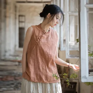 苎麻棉薄款手工扎染做旧立领马甲背心 Ramie Cotton Thin Hand-Dyed Vintage-Style Stand Collar Vest