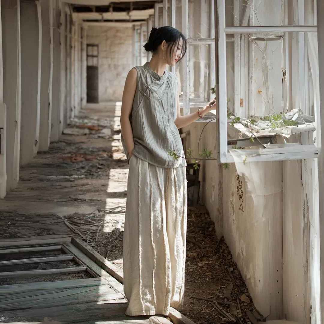 苎麻棉薄款手工扎染做旧立领马甲背心 Ramie Cotton Thin Hand-Dyed Vintage-Style Stand Collar Vest