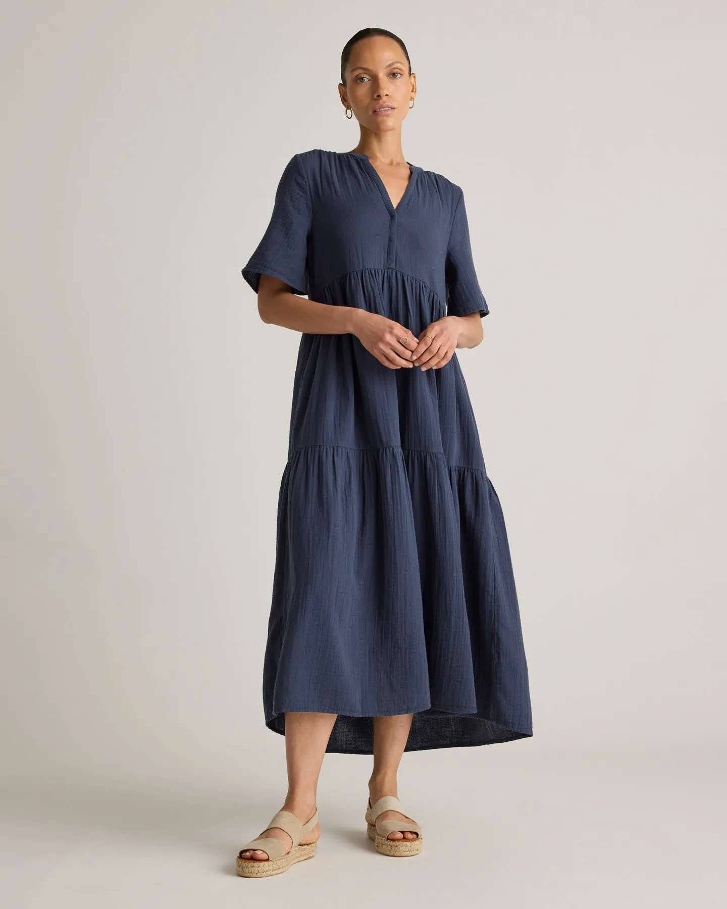 100% Organic Cotton Gauze Split Neck Midi Dress