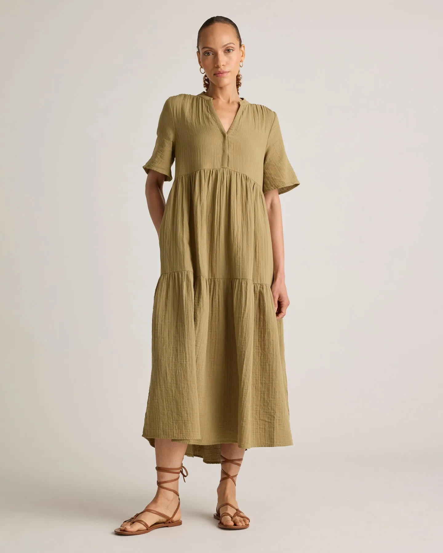 100% Organic Cotton Gauze Split Neck Midi Dress