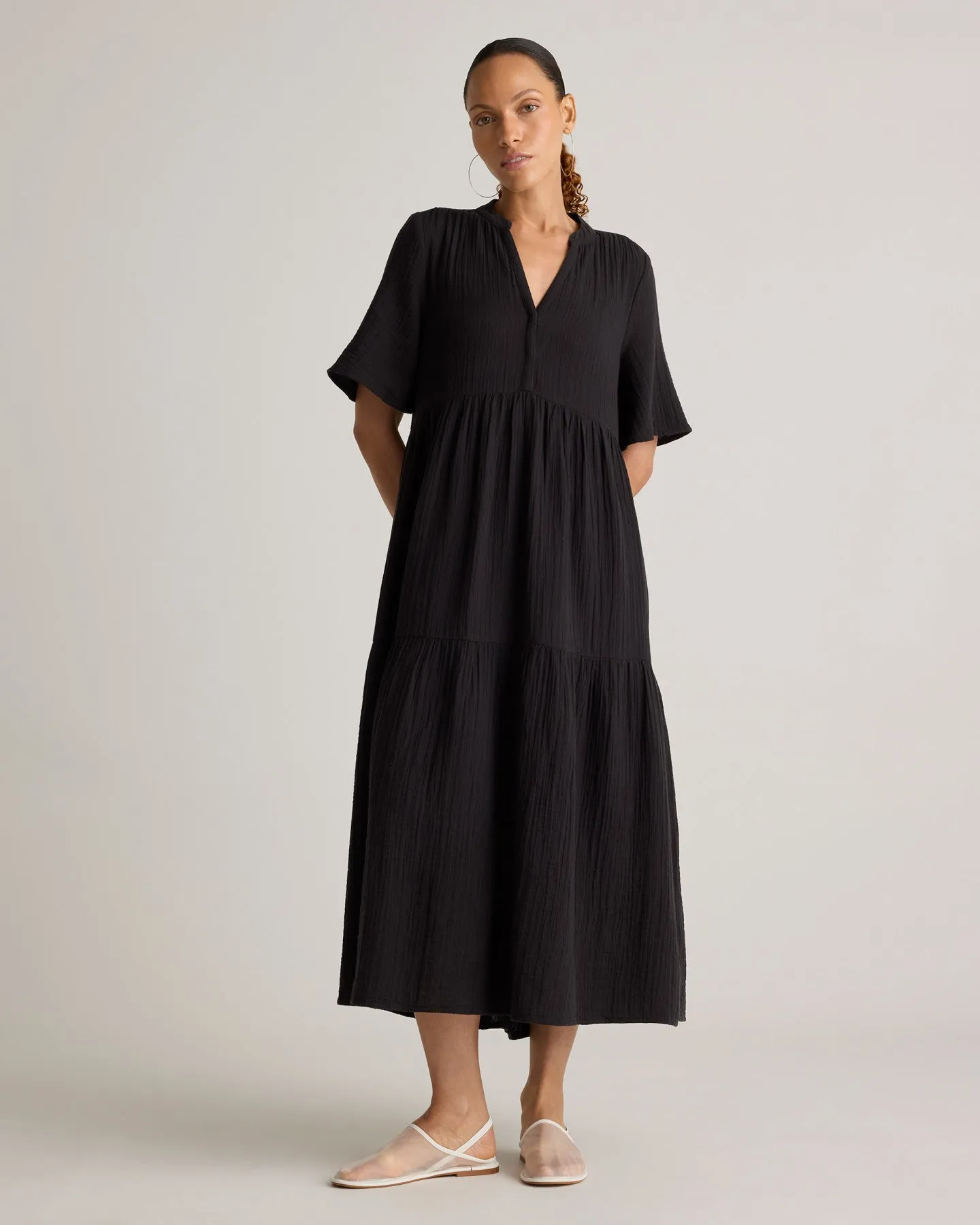 100% Organic Cotton Gauze Split Neck Midi Dress