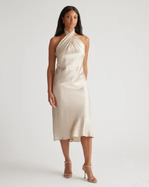 100% Washable Silk Twist Halter Midi Dress