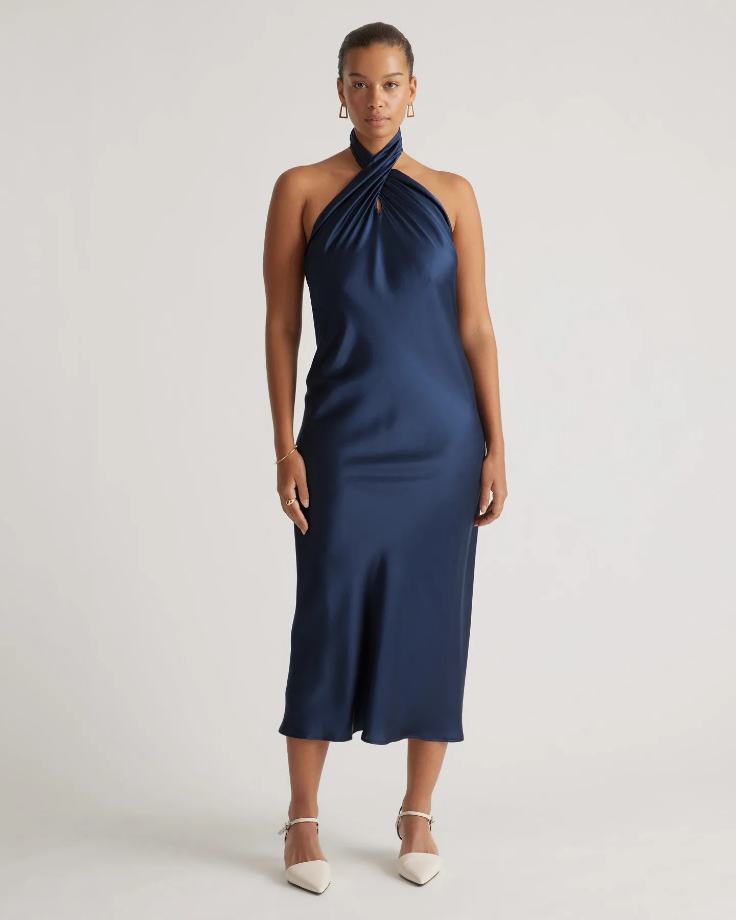100% Washable Silk Twist Halter Midi Dress