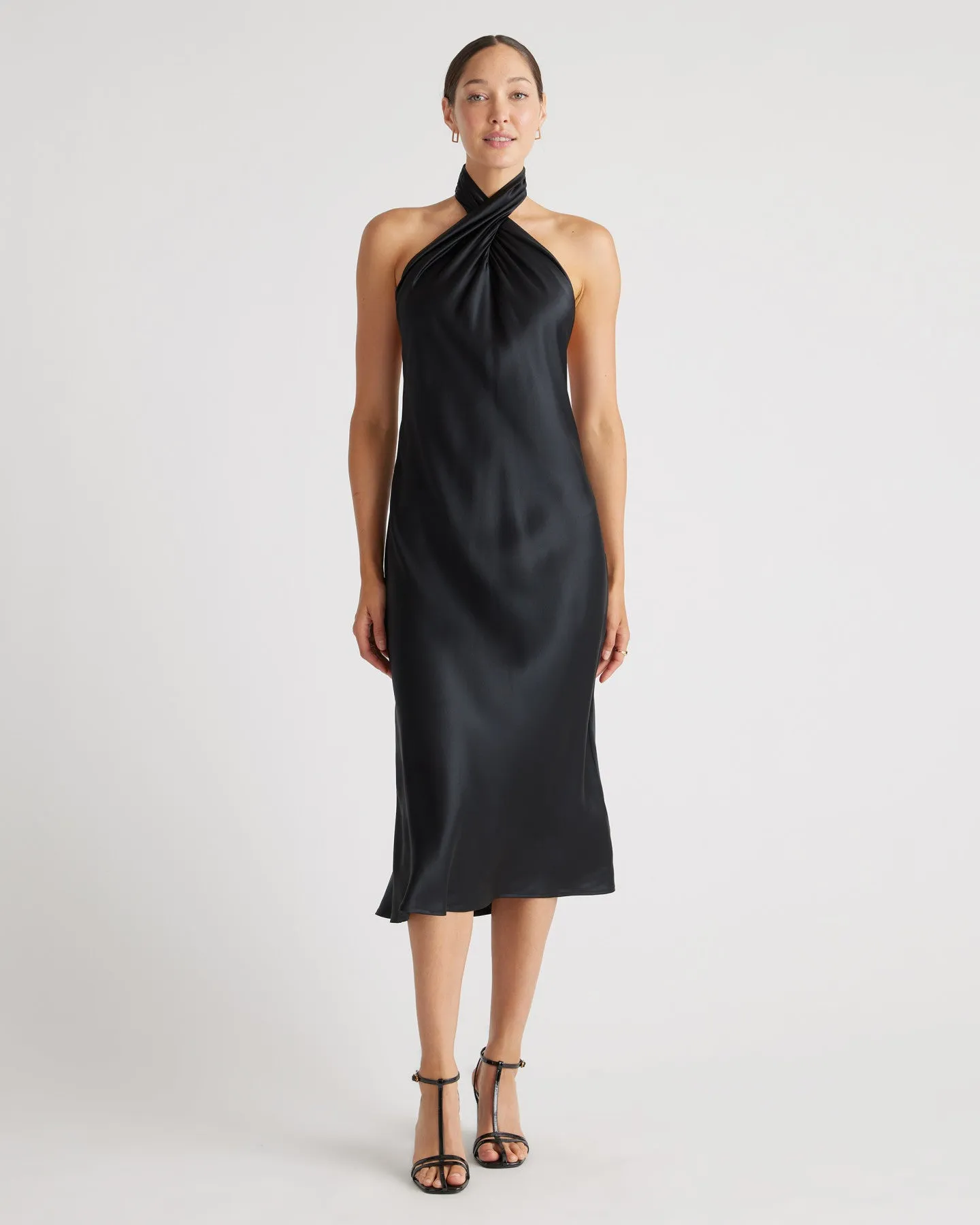 100% Washable Silk Twist Halter Midi Dress