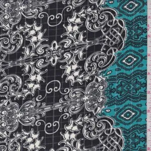 2 YD PC-Black/Teal/White Baroque Ripstop Crepe De Chine Fabric