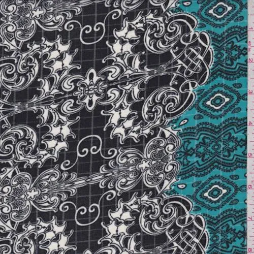2 YD PC-Black/Teal/White Baroque Ripstop Crepe De Chine Fabric