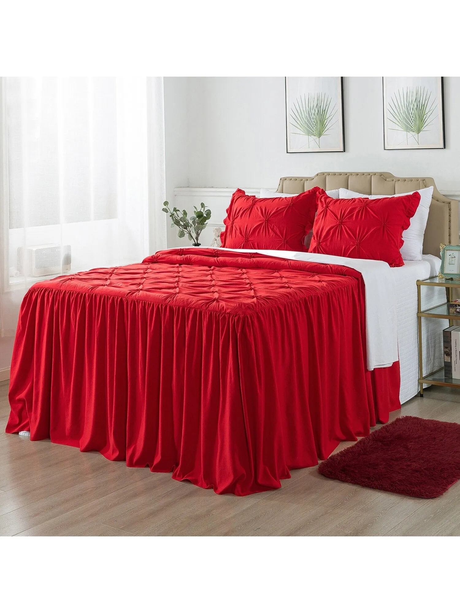 4/5 Piece Pintuck Ruffle Skirt Bedspread Set with a Fluffy Rug