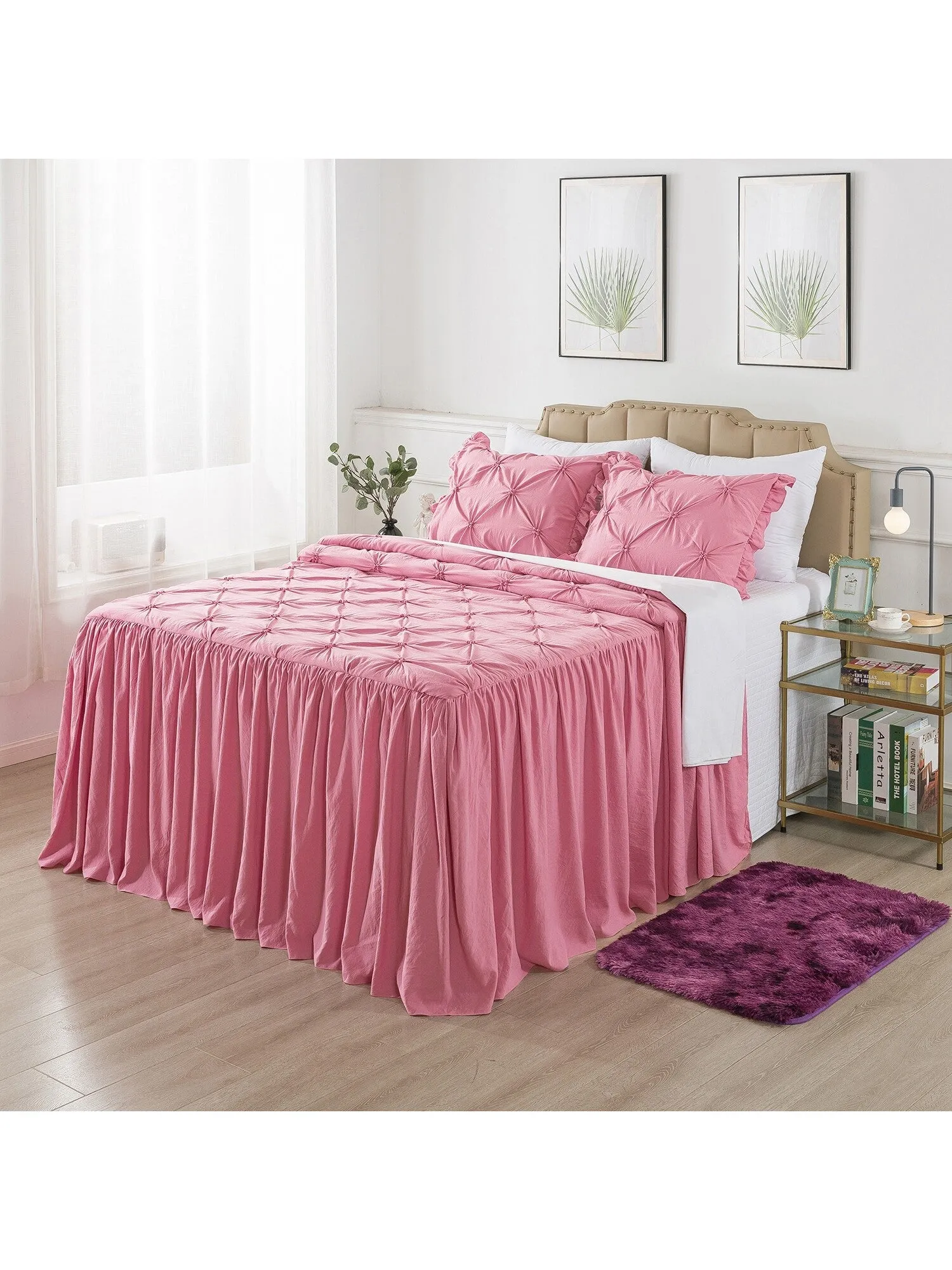4/5 Piece Pintuck Ruffle Skirt Bedspread Set with a Fluffy Rug