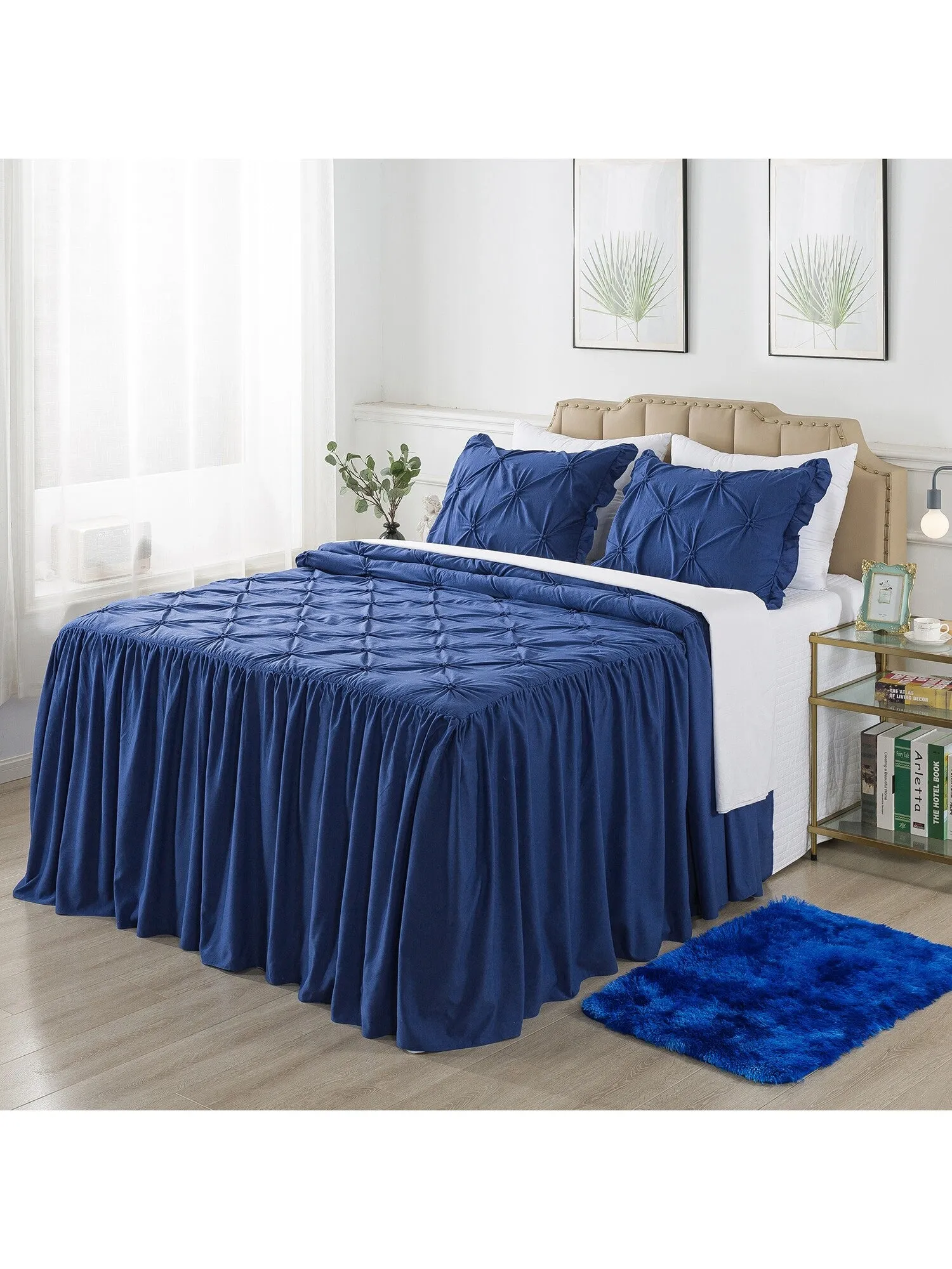 4/5 Piece Pintuck Ruffle Skirt Bedspread Set with a Fluffy Rug