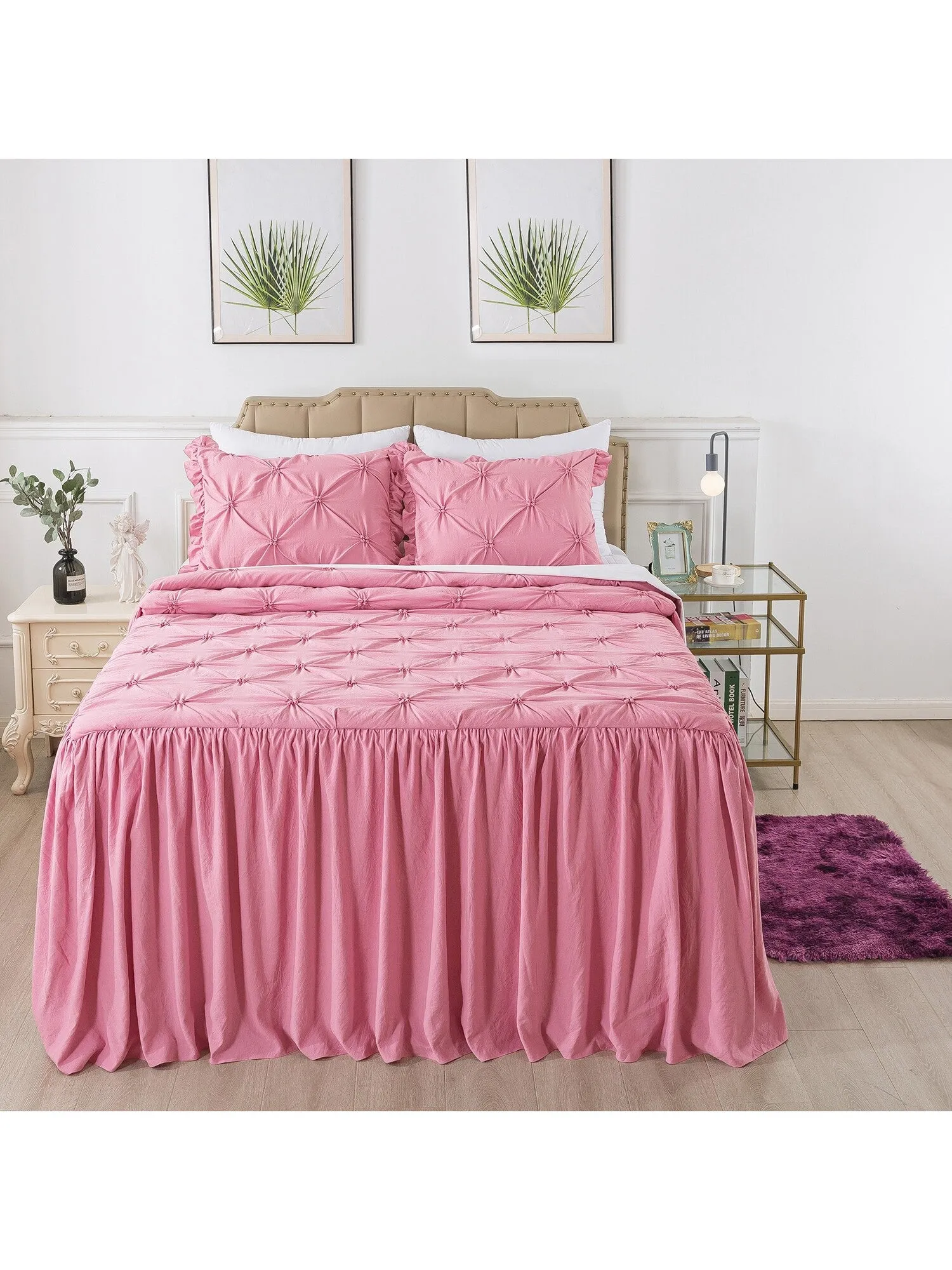 4/5 Piece Pintuck Ruffle Skirt Bedspread Set with a Fluffy Rug