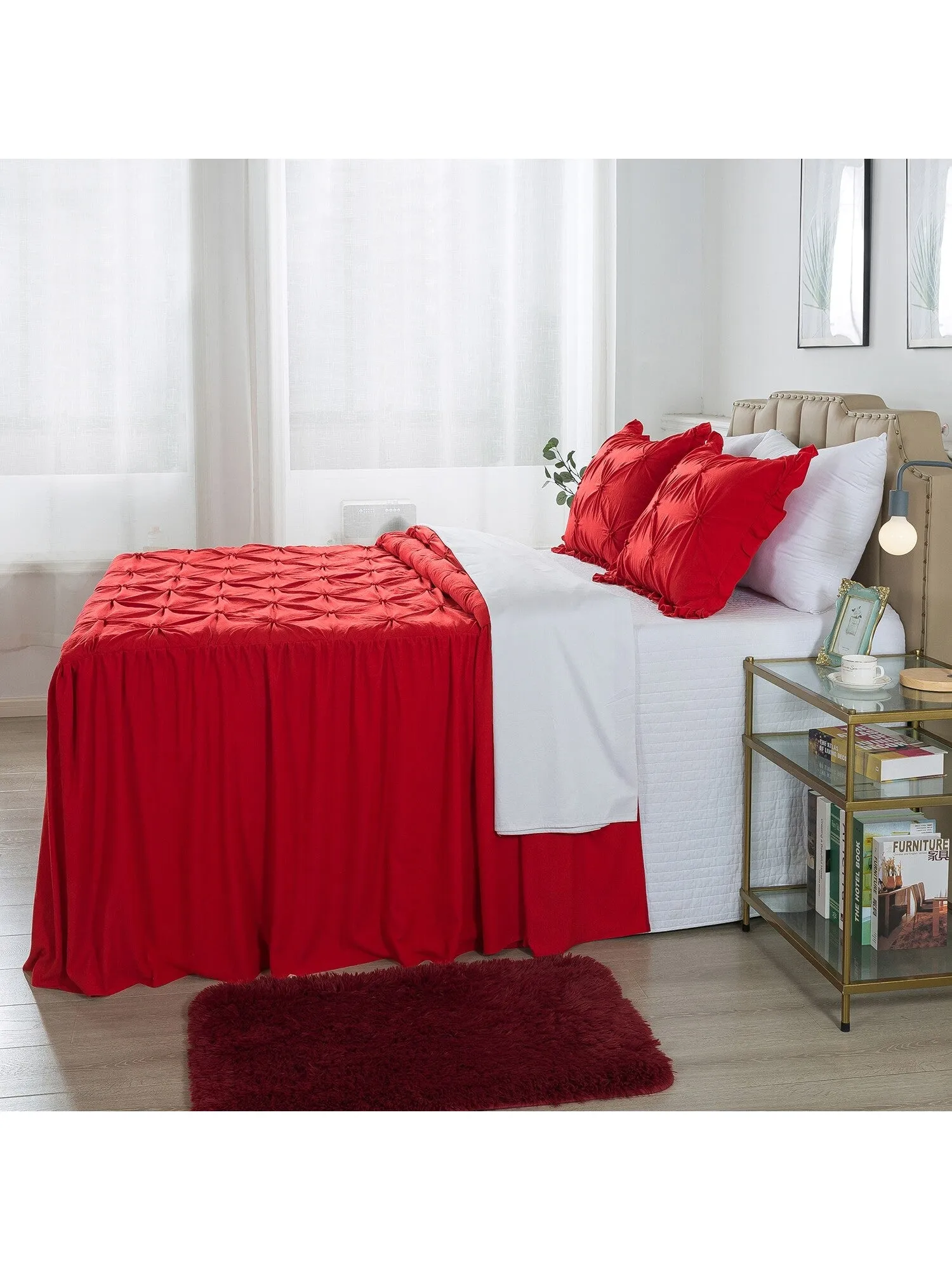 4/5 Piece Pintuck Ruffle Skirt Bedspread Set with a Fluffy Rug