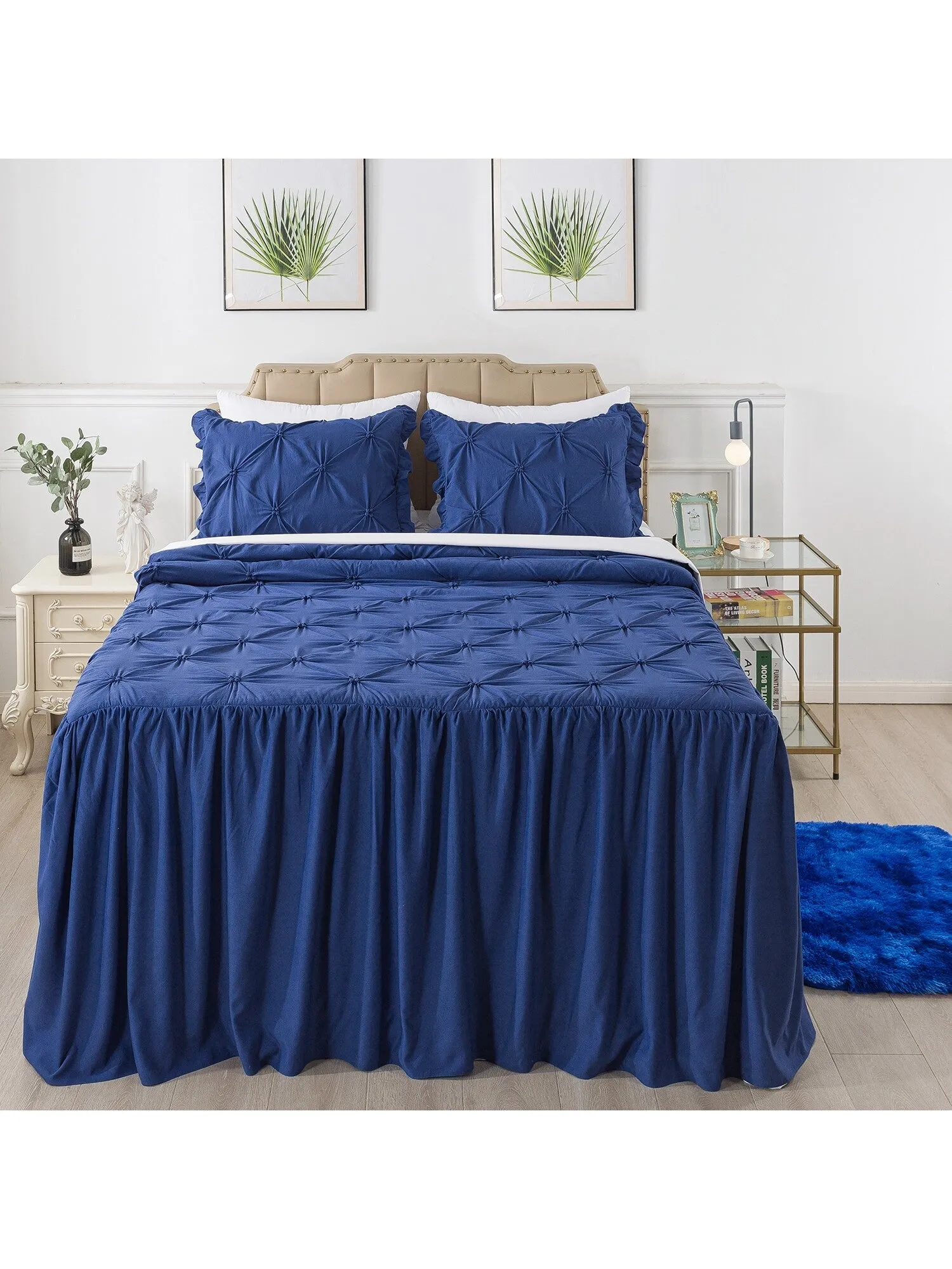 4/5 Piece Pintuck Ruffle Skirt Bedspread Set with a Fluffy Rug