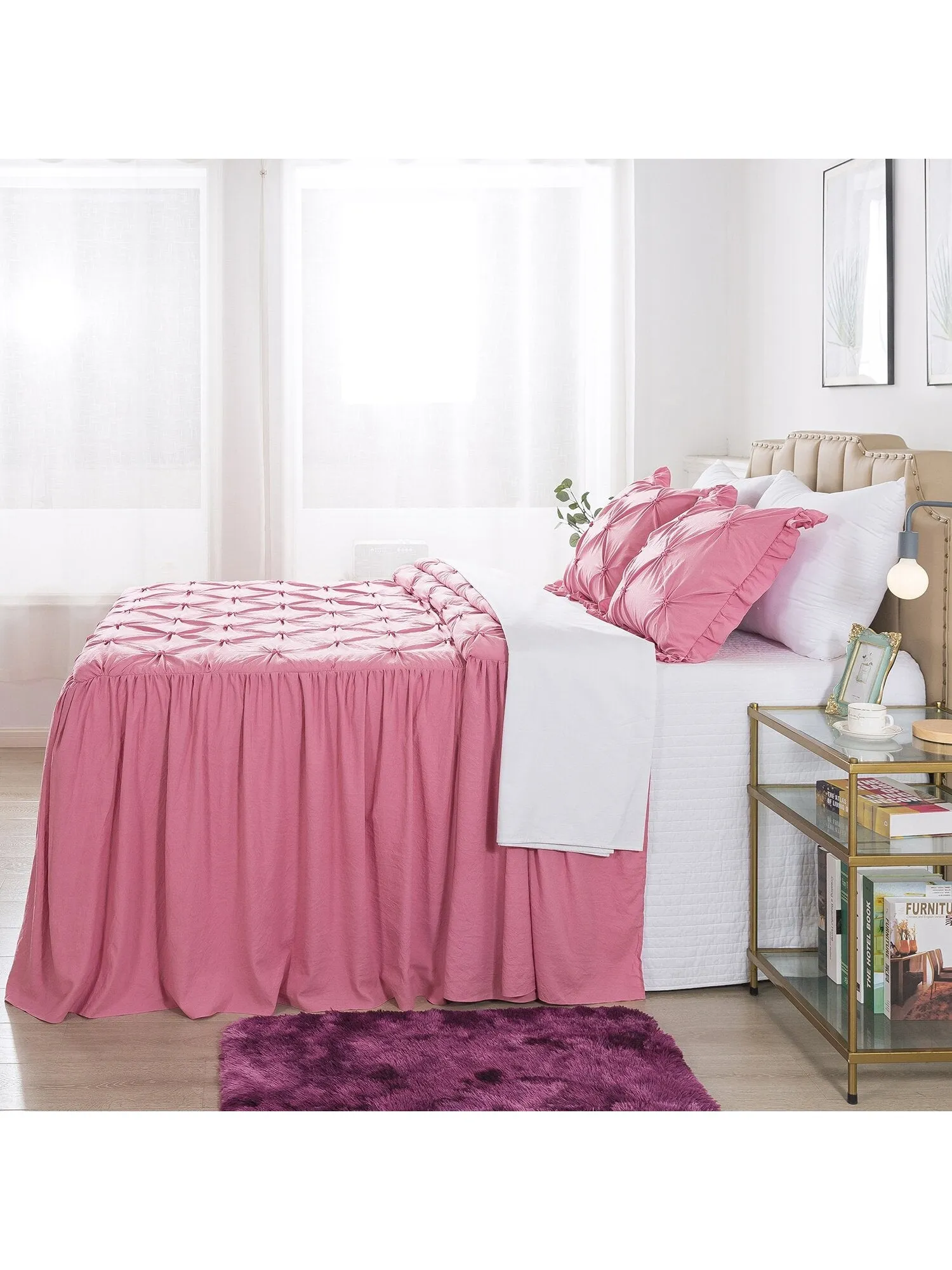 4/5 Piece Pintuck Ruffle Skirt Bedspread Set with a Fluffy Rug