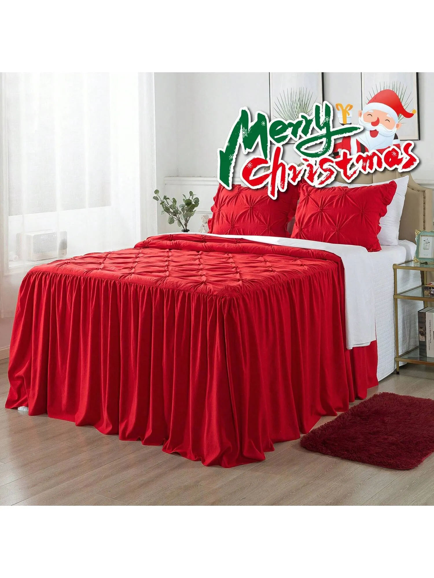 4/5 Piece Pintuck Ruffle Skirt Bedspread Set with a Fluffy Rug