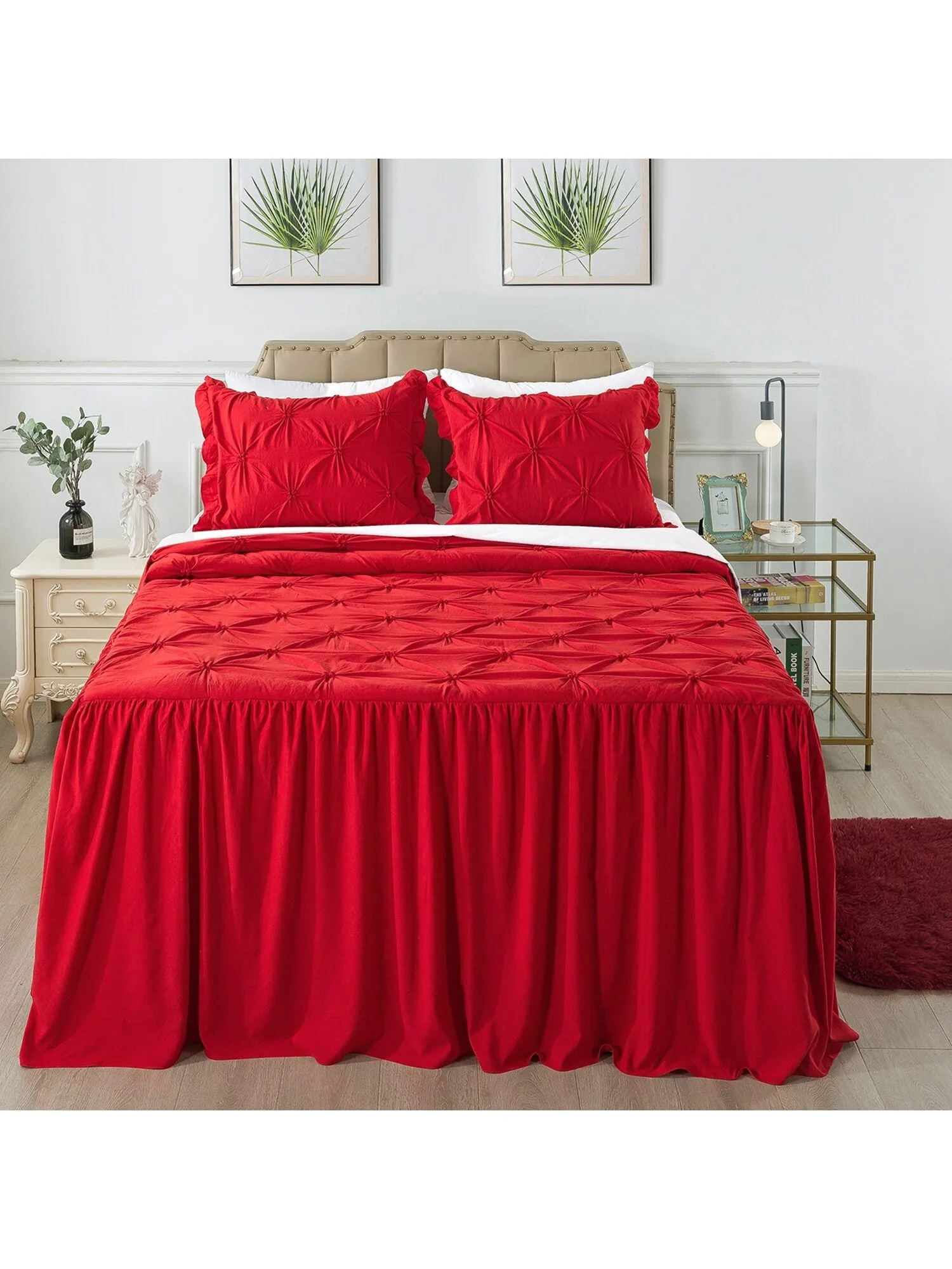 4/5 Piece Pintuck Ruffle Skirt Bedspread Set with a Fluffy Rug