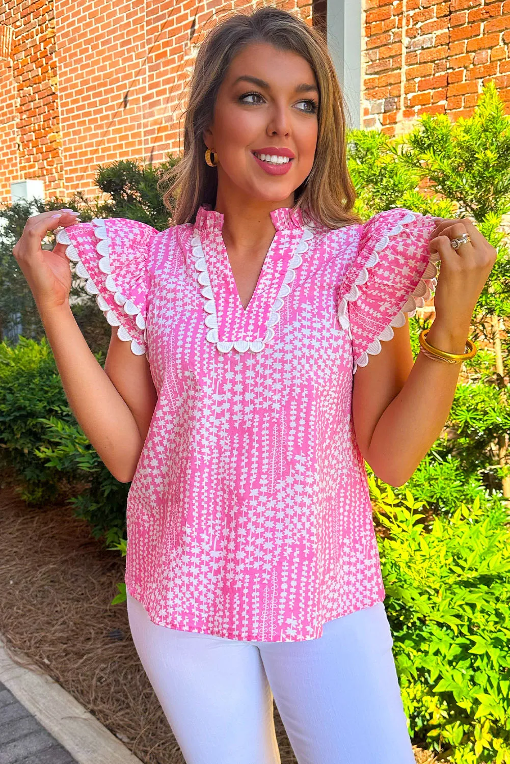 Abstract Print Ric Rac Trim Flutter Sleeve Notch V Neck Blouse