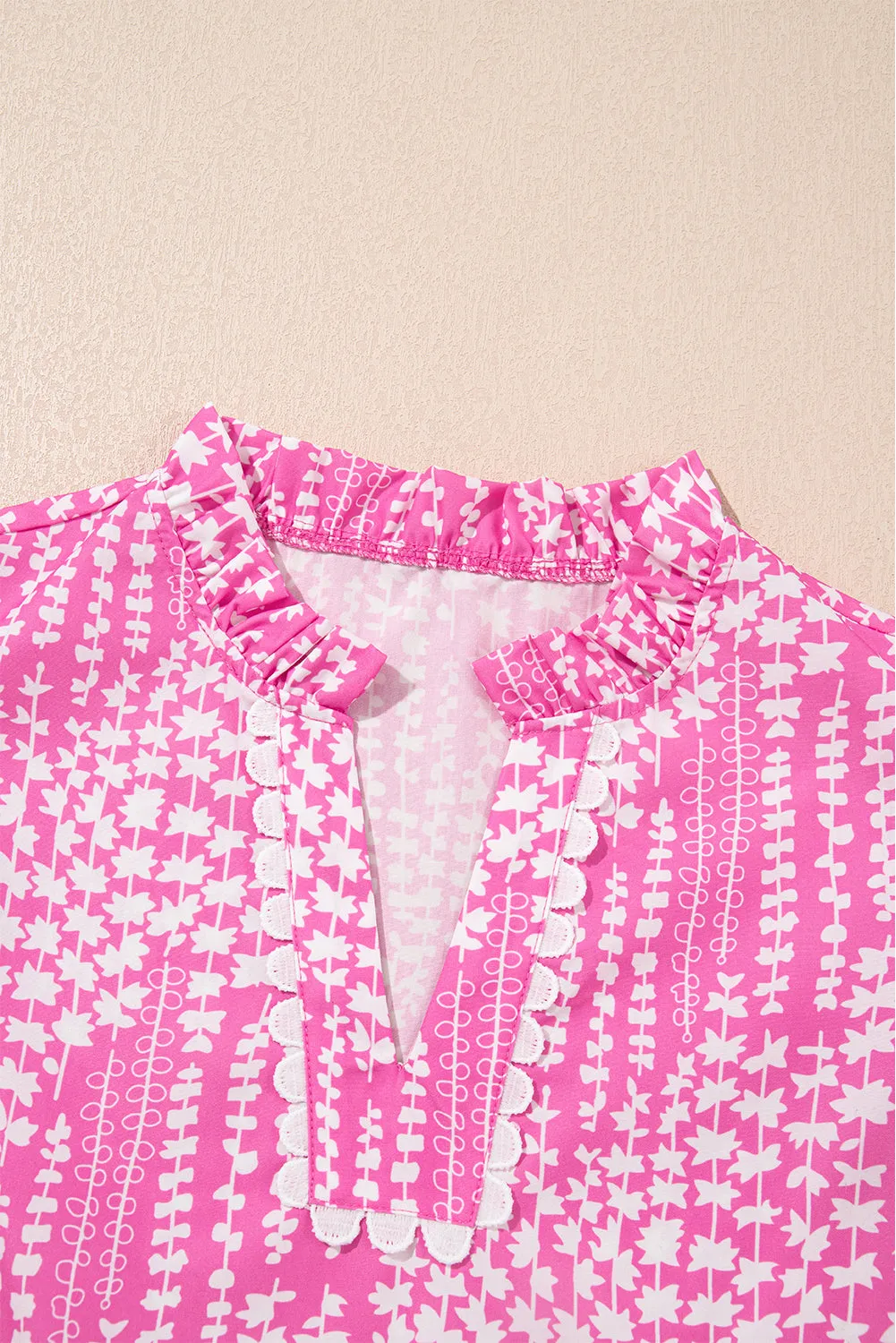Abstract Print Ric Rac Trim Flutter Sleeve Notch V Neck Blouse