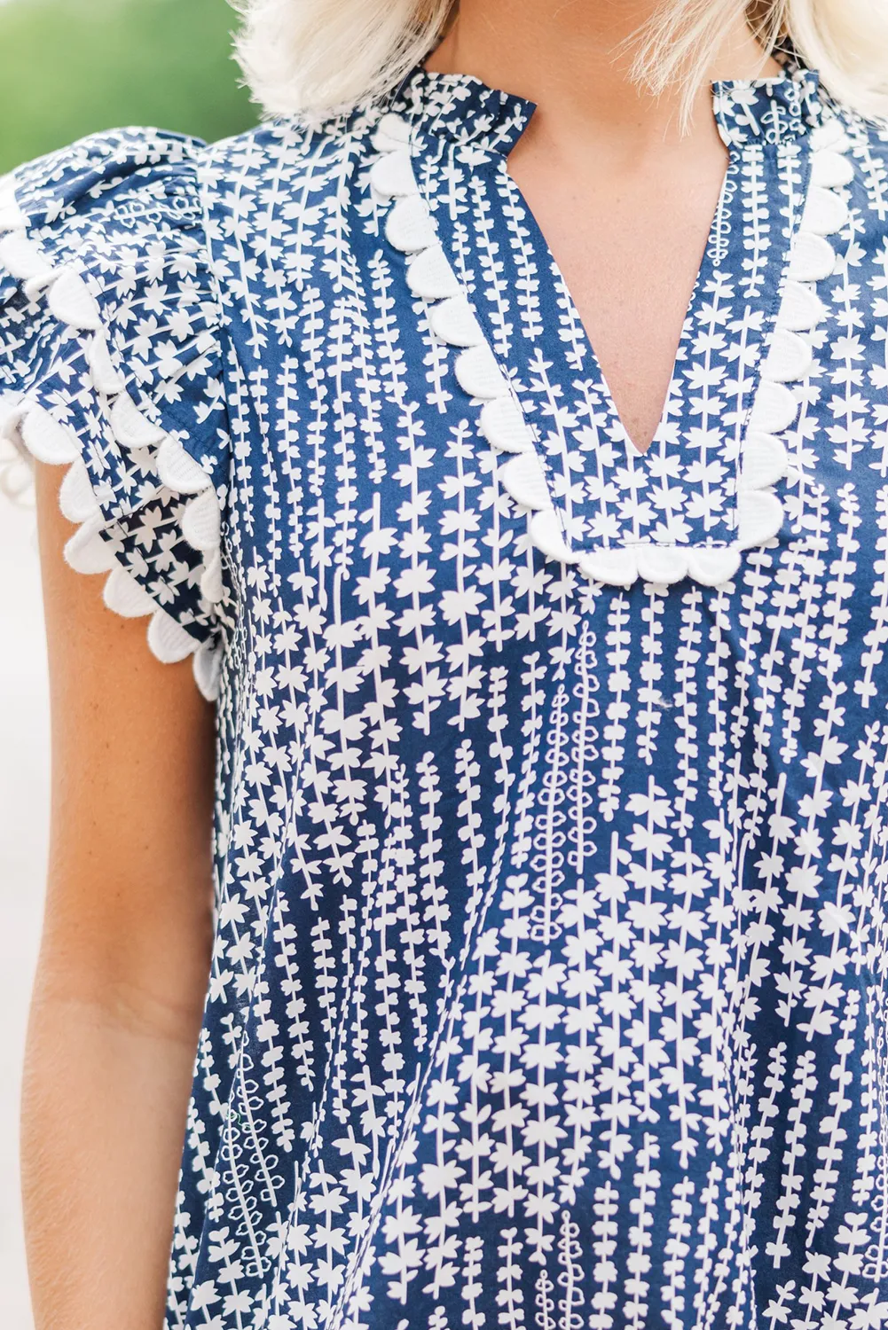 Abstract Print Ric Rac Trim Flutter Sleeve Notch V Neck Blouse
