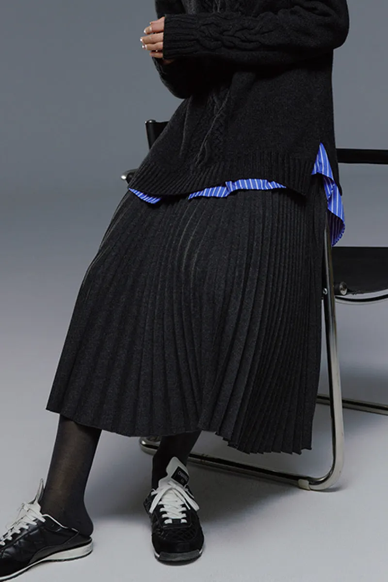 Black Wool Blend Maxi Pleated Skirt