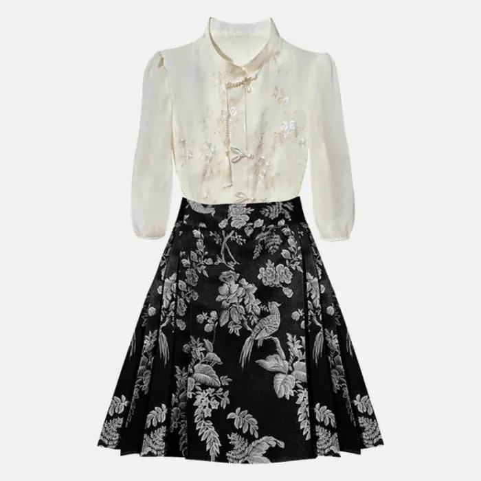 Blossom Bird Print Skirt Two Pieces Set