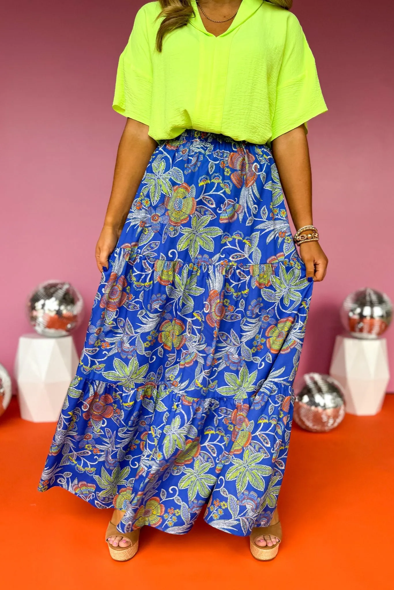 Blue Floral Printed Pull On Tiered Maxi Skirt