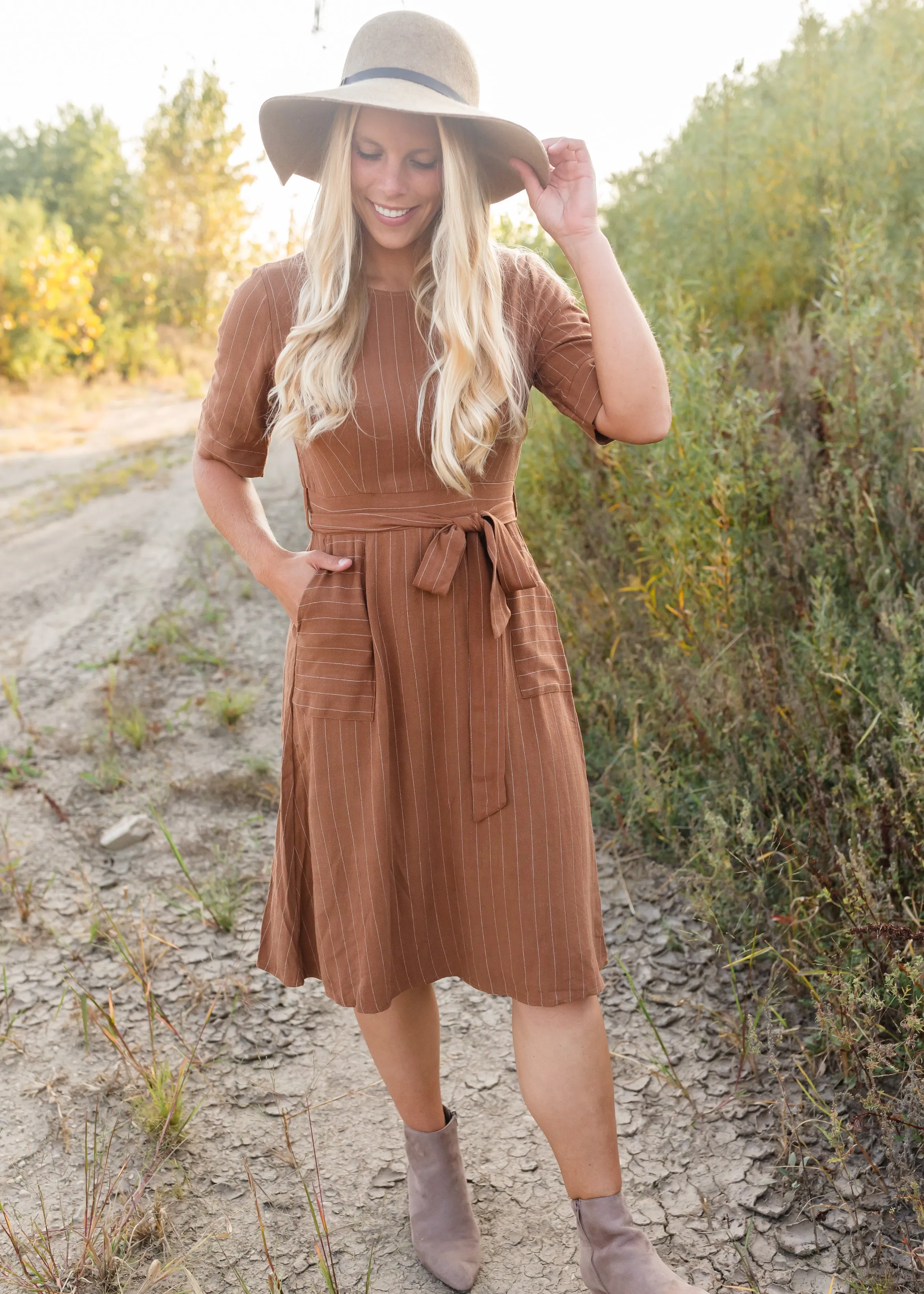 Brown Linen Striped Midi Dress - FINAL SALE