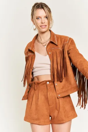 Camel Suede Studded Fringe Jacket