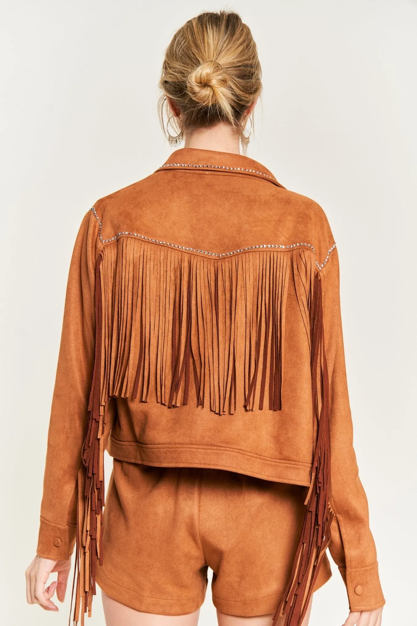 Camel Suede Studded Fringe Jacket