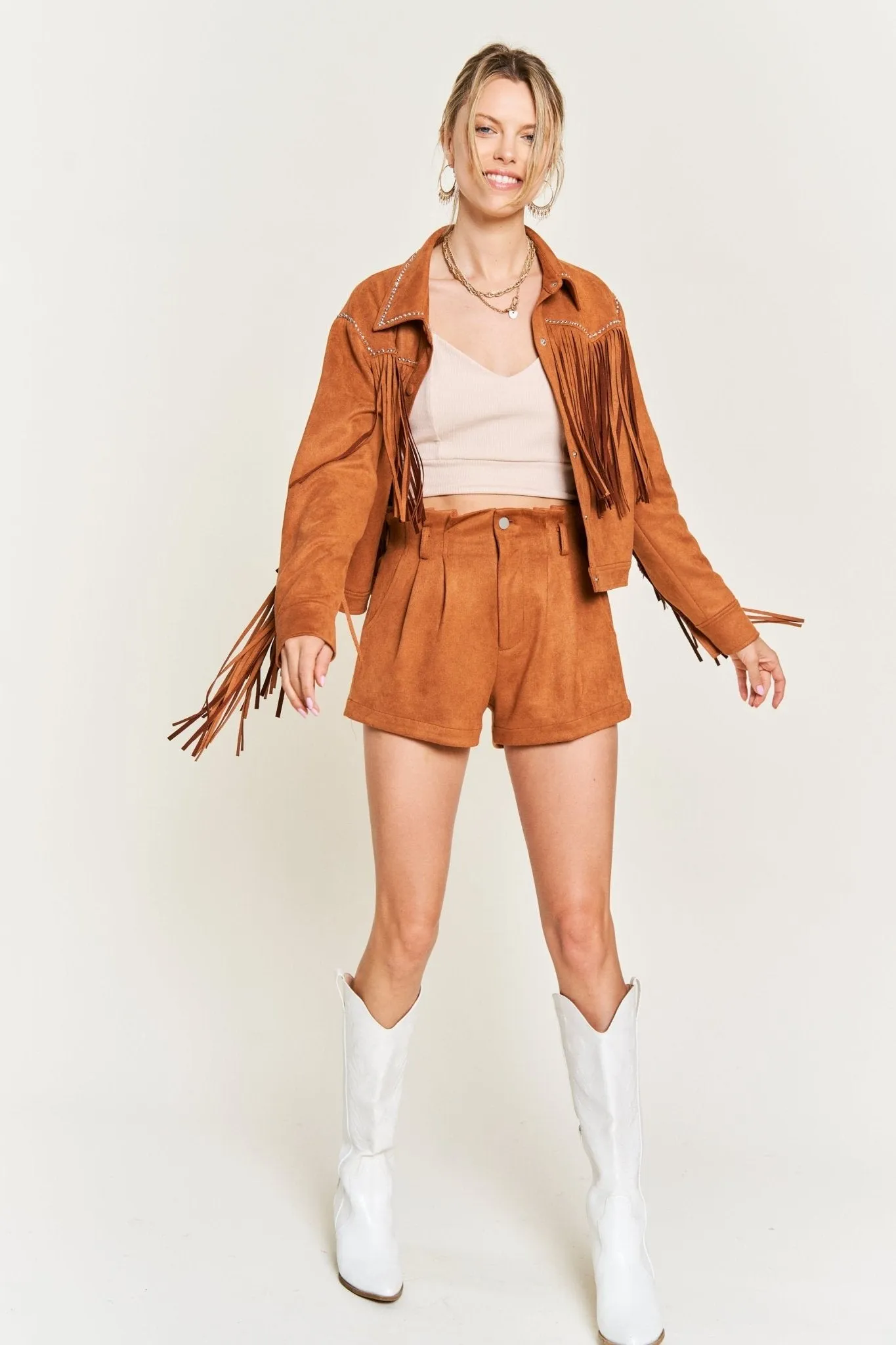 Camel Suede Studded Fringe Jacket