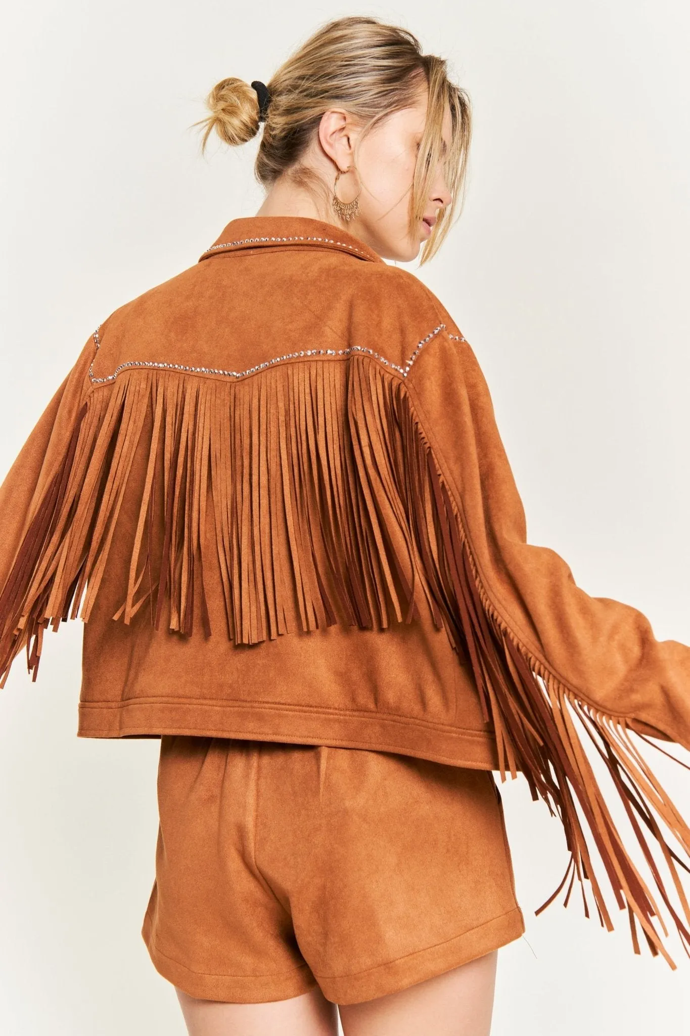 Camel Suede Studded Fringe Jacket