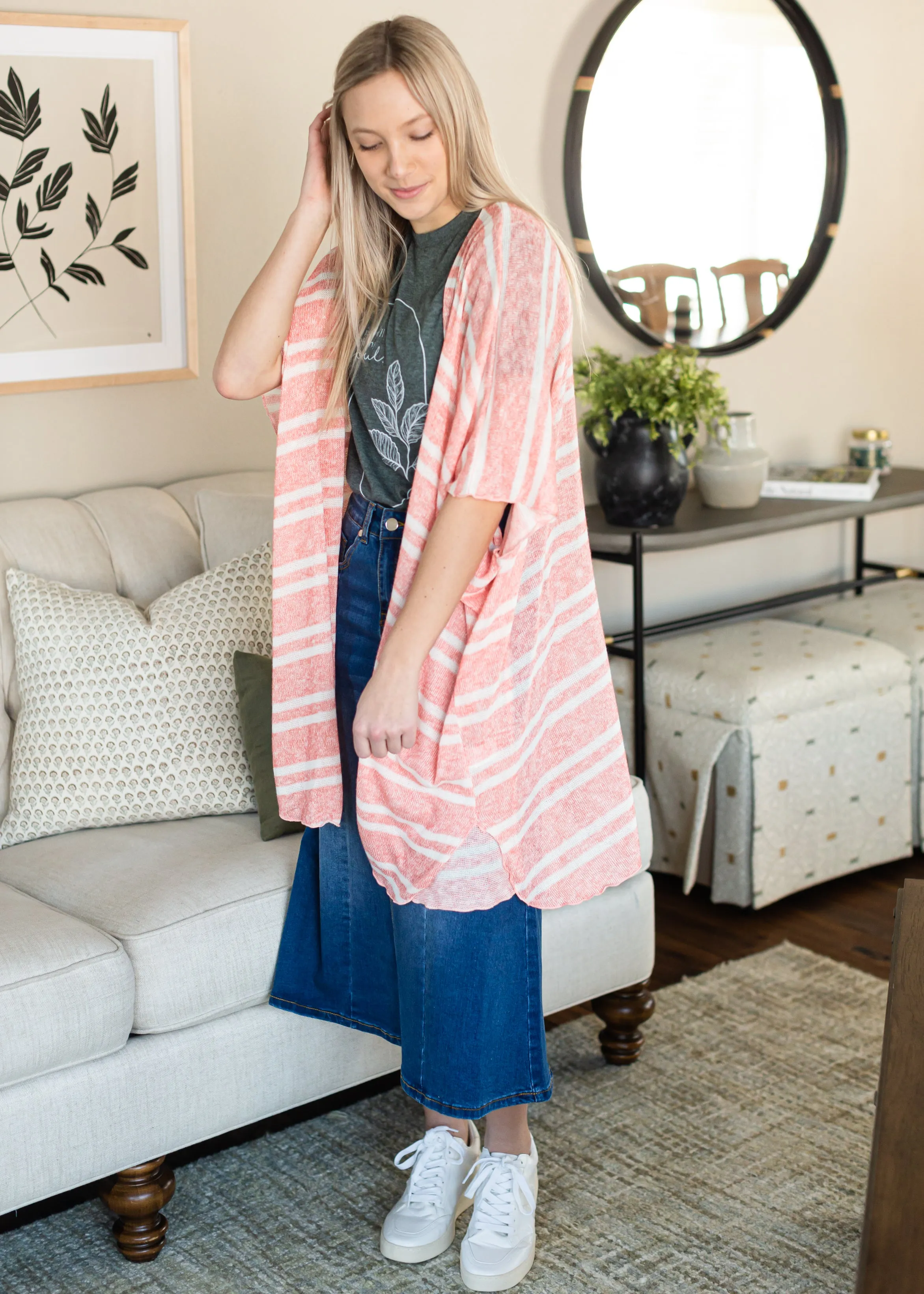 Coral and White Lightweight Striped Cardigan - FINAL SALE