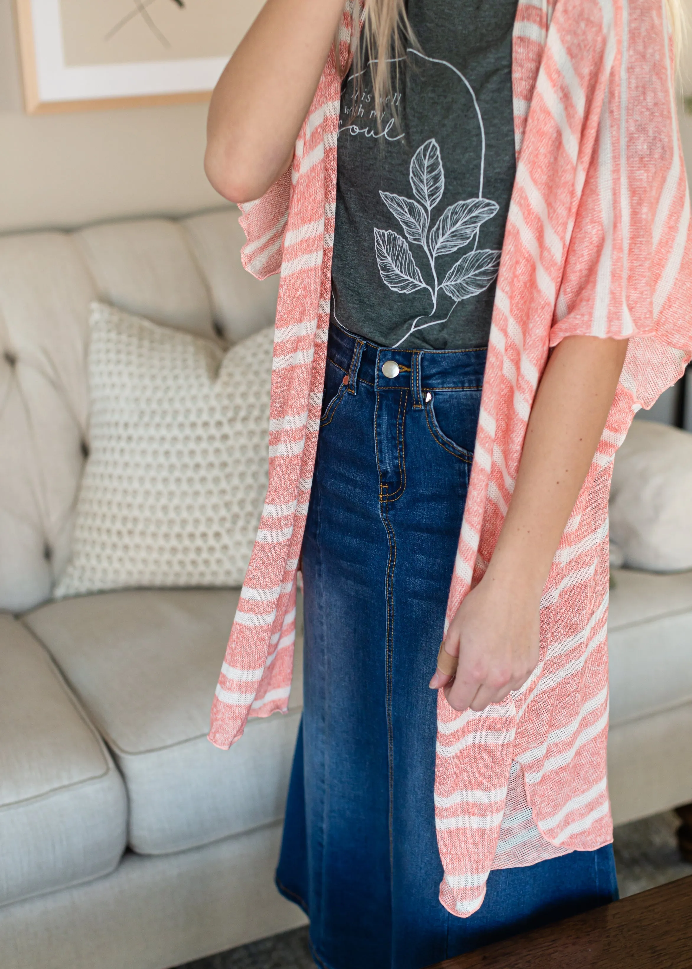 Coral and White Lightweight Striped Cardigan - FINAL SALE