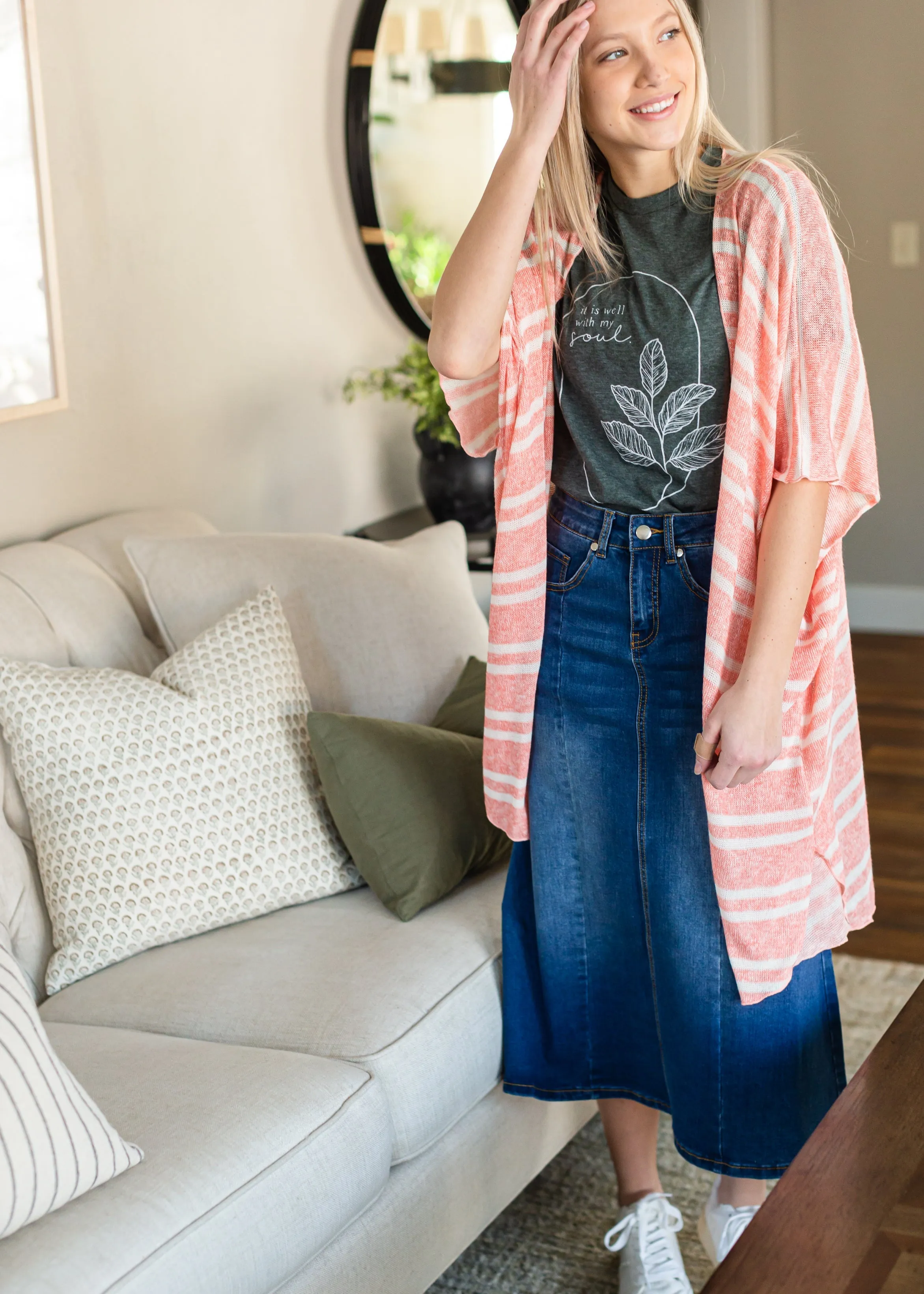 Coral and White Lightweight Striped Cardigan - FINAL SALE