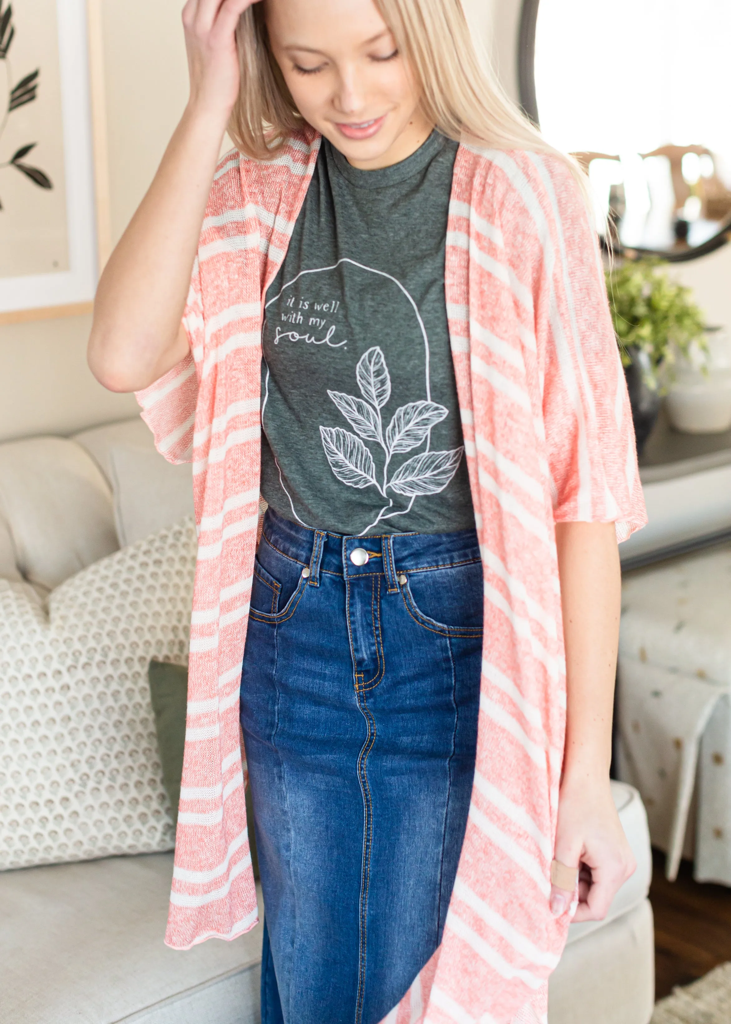 Coral and White Lightweight Striped Cardigan - FINAL SALE