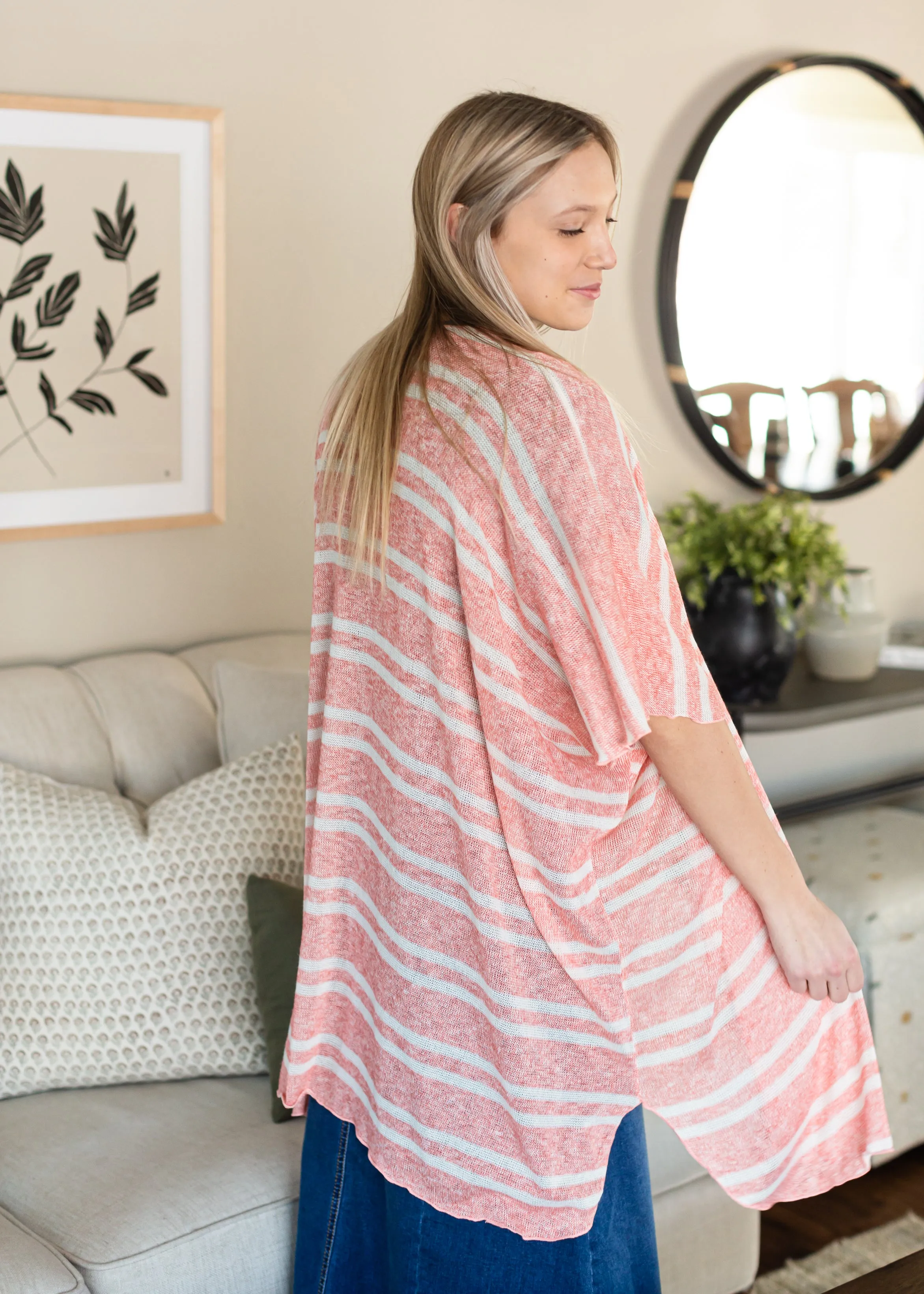 Coral and White Lightweight Striped Cardigan - FINAL SALE