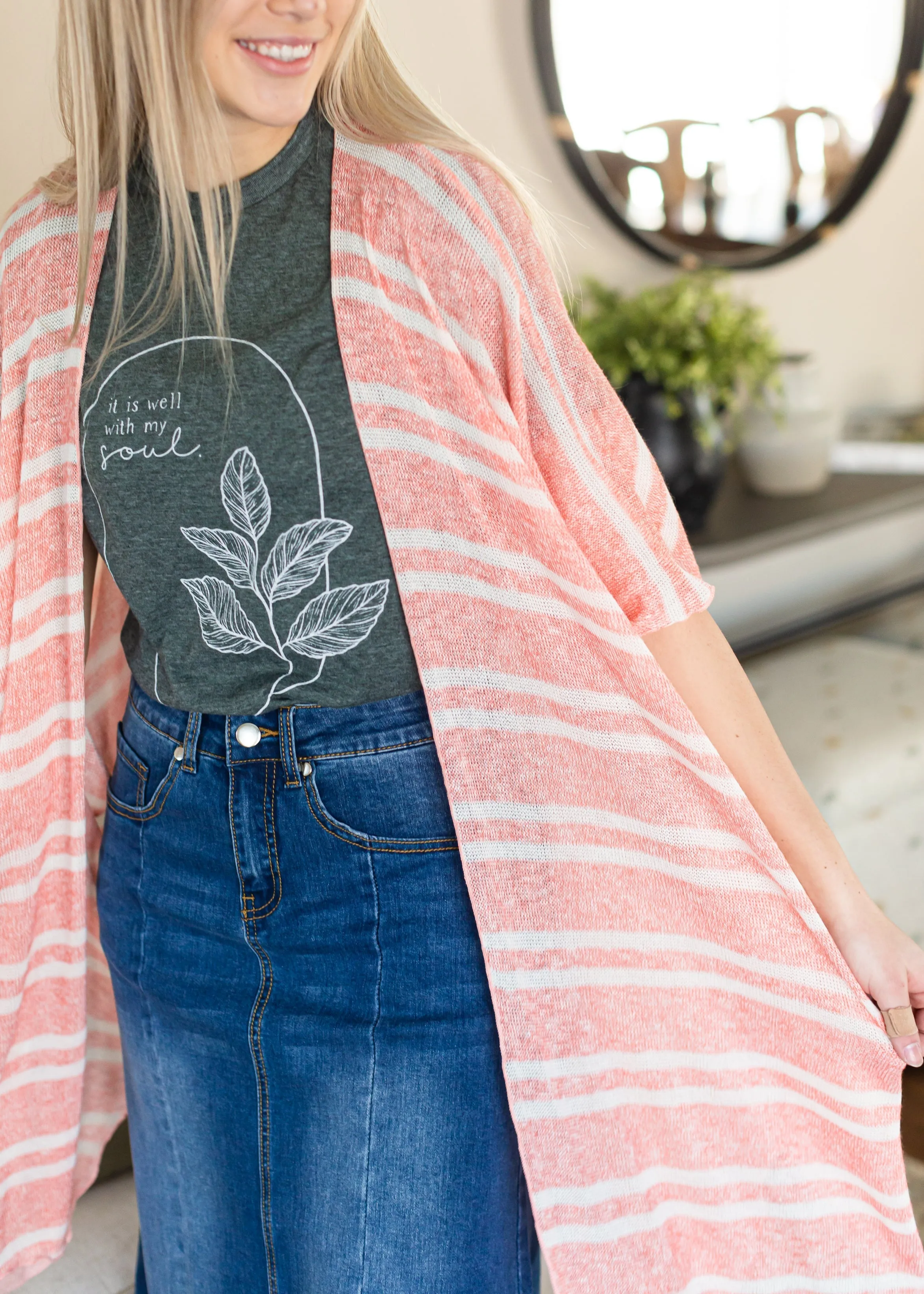 Coral and White Lightweight Striped Cardigan - FINAL SALE