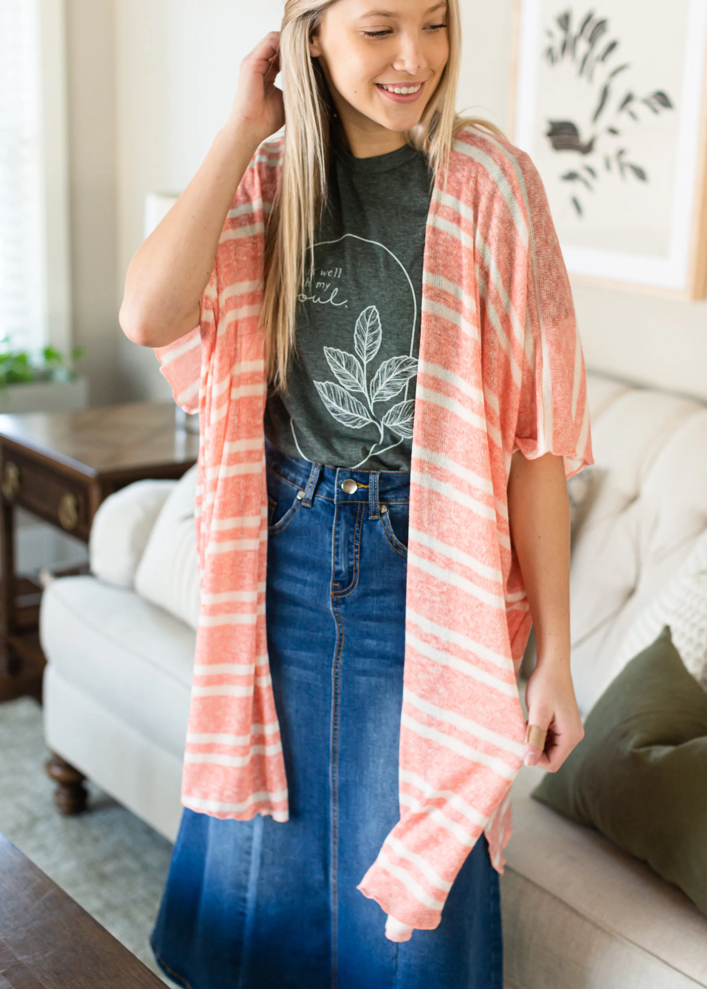 Coral and White Lightweight Striped Cardigan - FINAL SALE