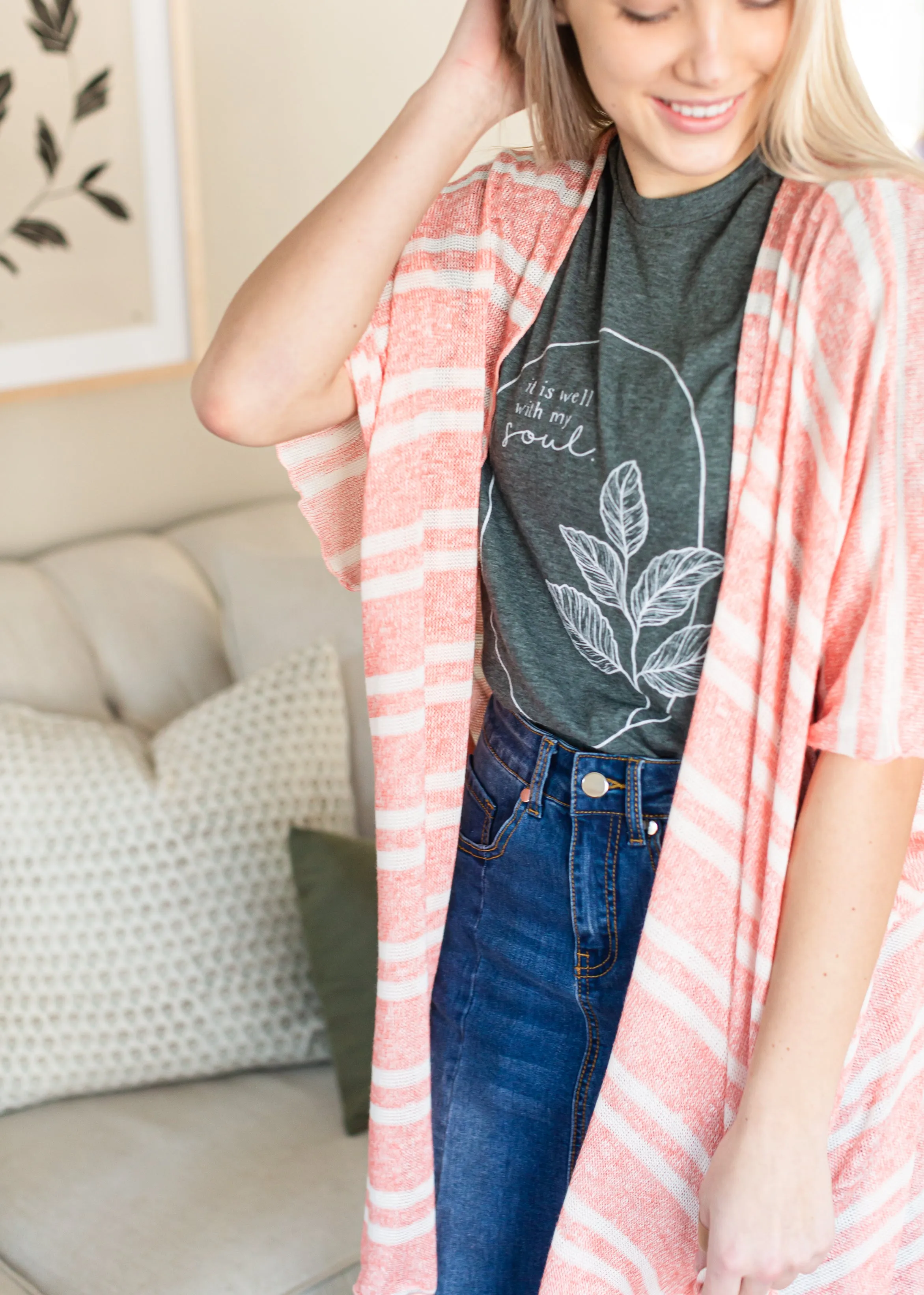 Coral and White Lightweight Striped Cardigan - FINAL SALE