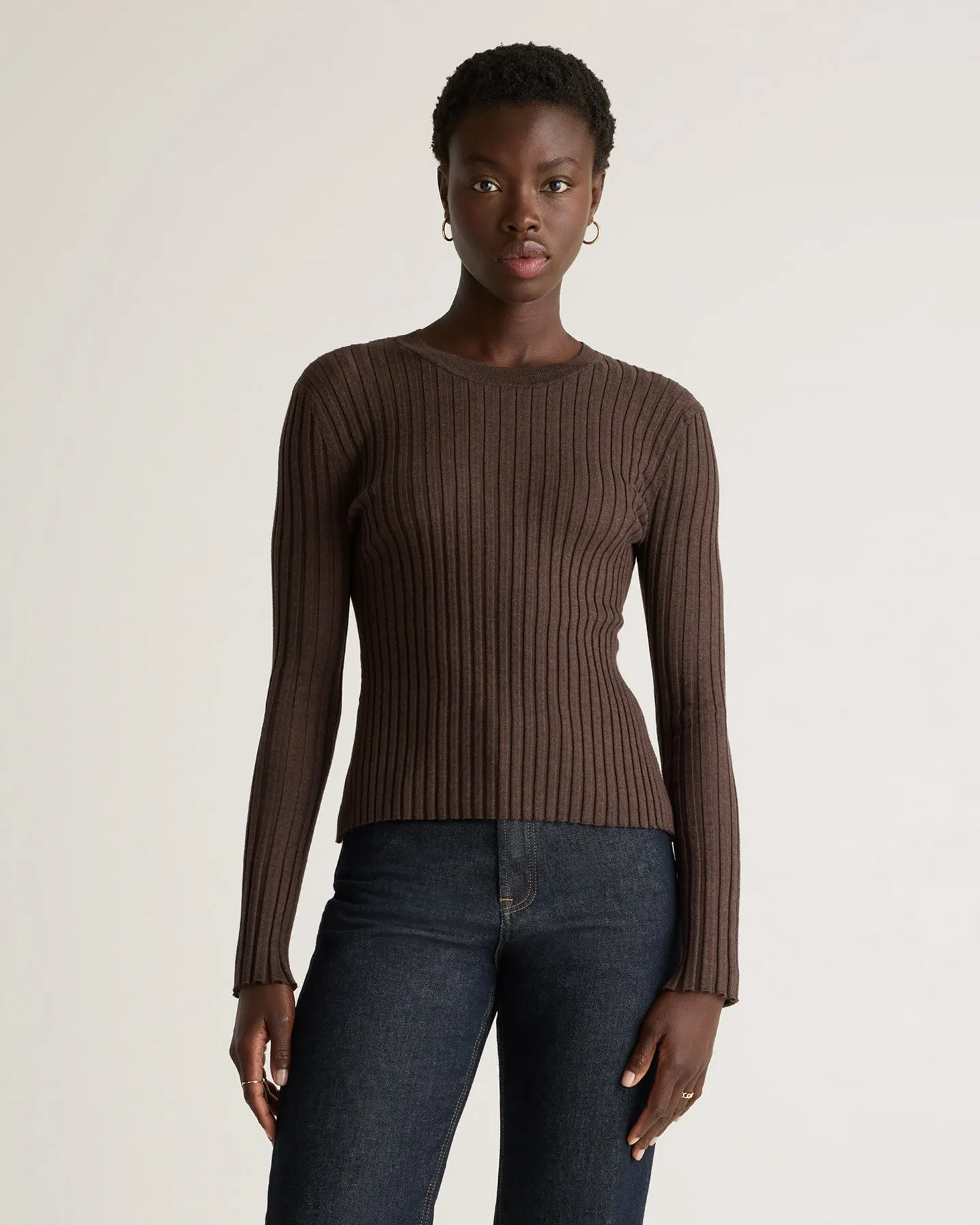 Cotton Cashmere Ribbed Long Sleeve Sweater