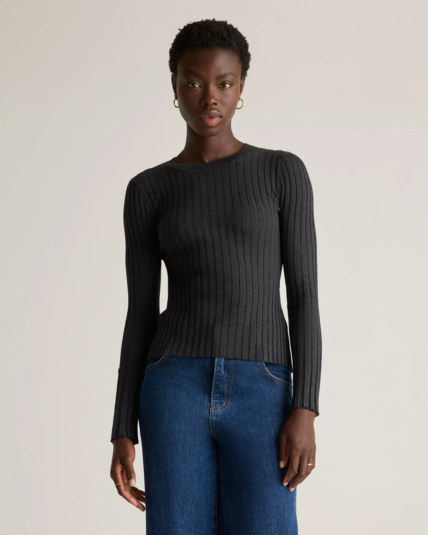 Cotton Cashmere Ribbed Long Sleeve Sweater
