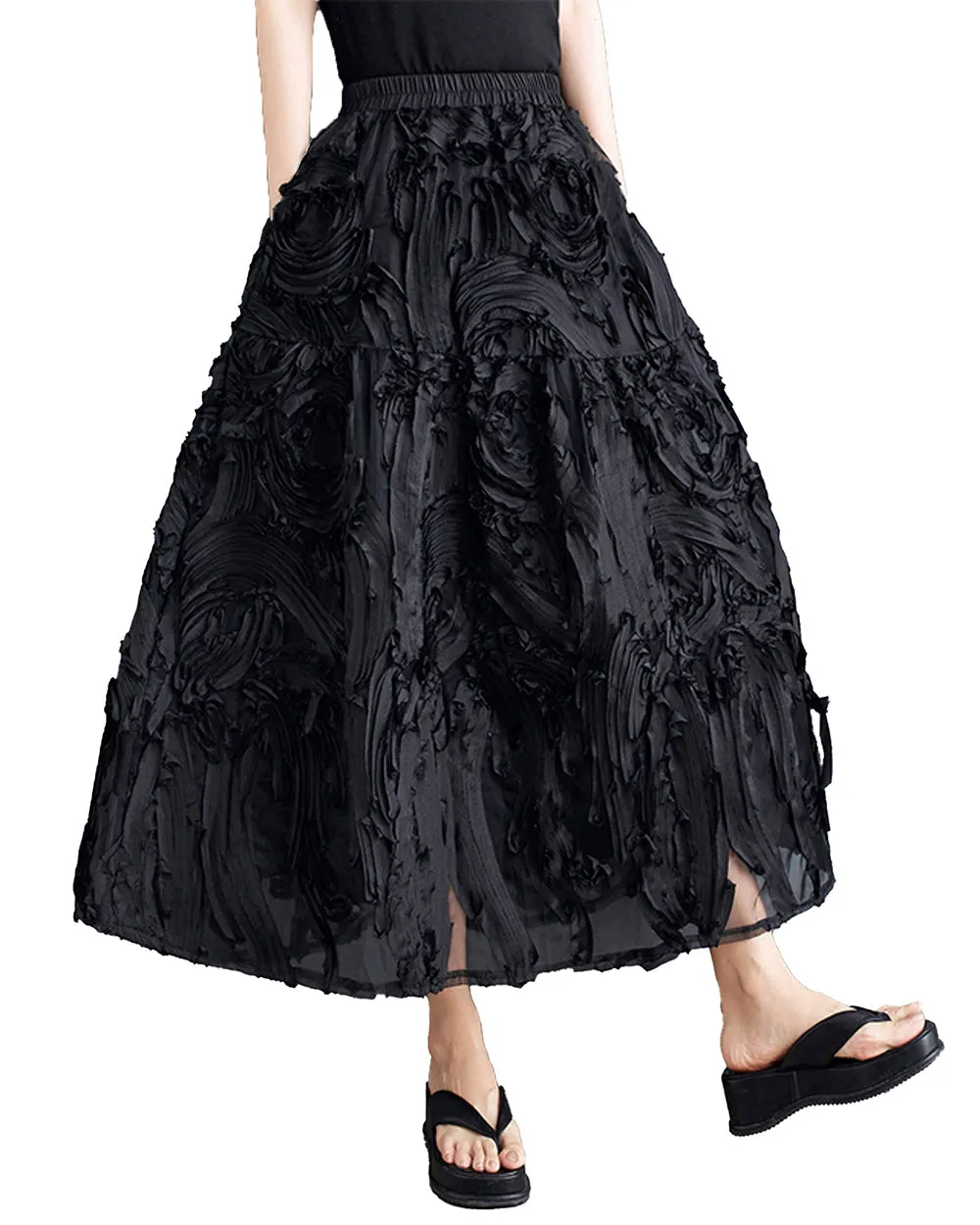 ellazhu Women's Skirt Pleated Loose Tulle A-line Summer GZ206 Black